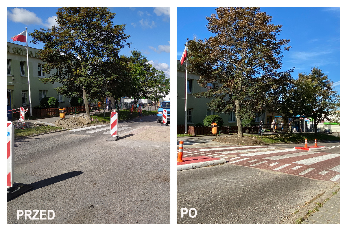 Ulica Korzenna podczas rob&oacute;t. Na zdj. rejon przejście dla pieszych i znaki ifnromujące o trwajacej budowie. Zdj. obok nowe, wynesione przejście dla pieszych i pomarańczowe słupki wygradzające // fot. ZDiZ