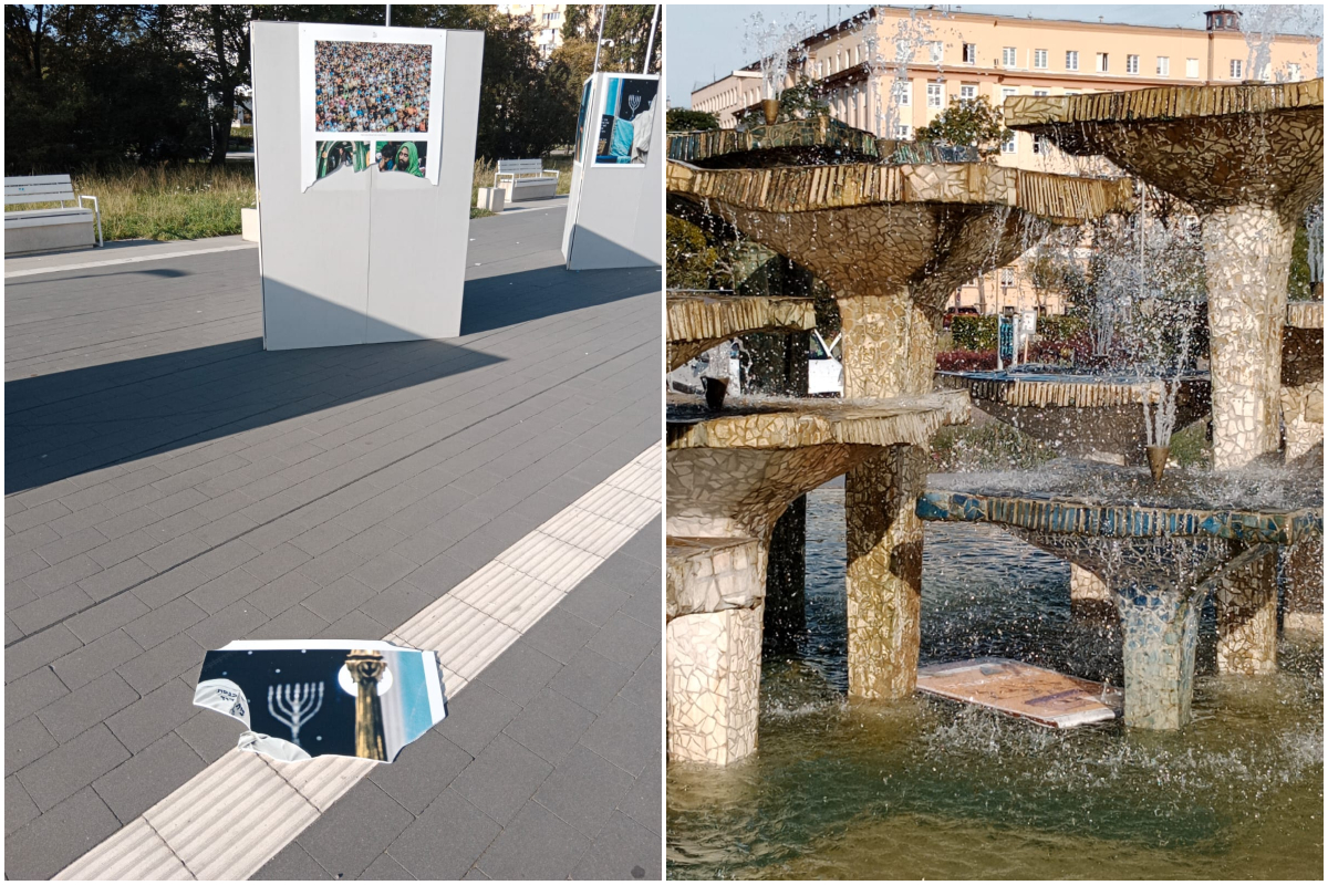 Zniszczone fotogramy z wystawy Andrzeja Zi&oacute;łkowskiego "Universal Wisdom. Wieczysta Mądrość" na skwerze Kościuszki. Zdjęcie organizatora wystawy