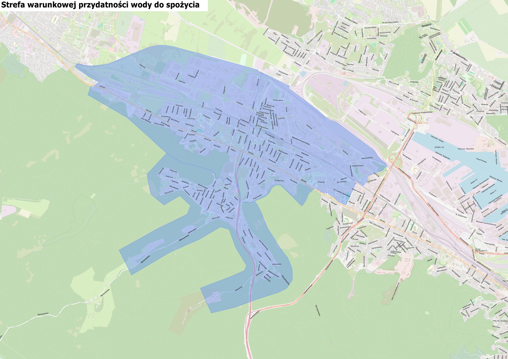 Mapa przedstawiająca strefę warunkowej przydatności wody do spożycia