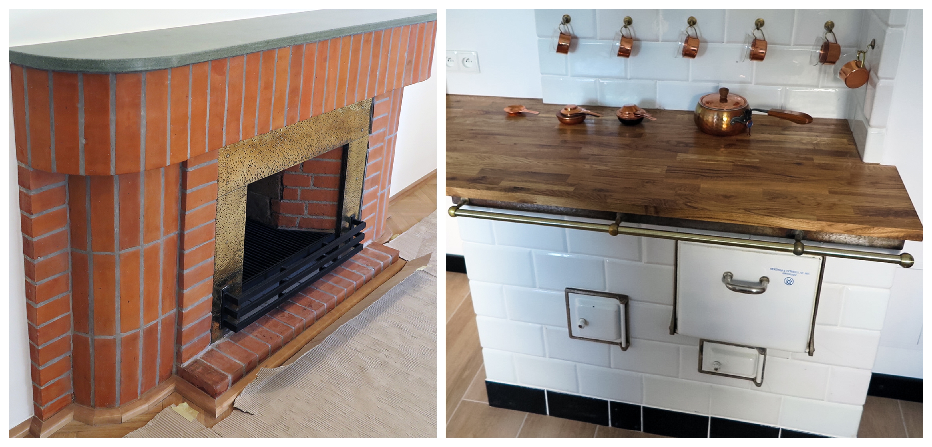 Od lewej: Kominek w Domu Marynarza Szwedzkiego, obecnie Konsulat Kultury przy ul. Jana z Kolna 25; Kuchnia węglowa w jednym z dom&oacute;w na Wzg. Św. Maksymiliana wykorzystana jako element aranżacji wsp&oacute;łczesnej kuchni.