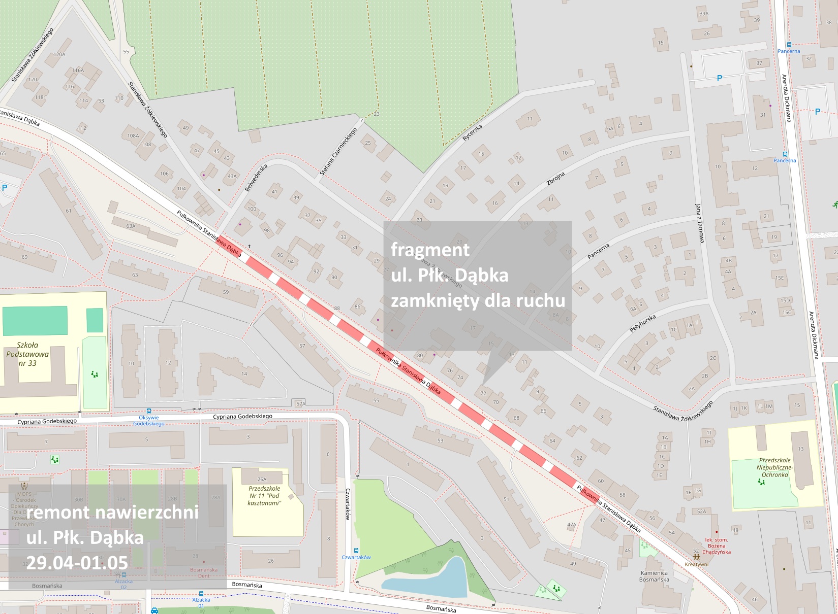 schemat z zaznaczonym fragmentem ulicy, mapa
