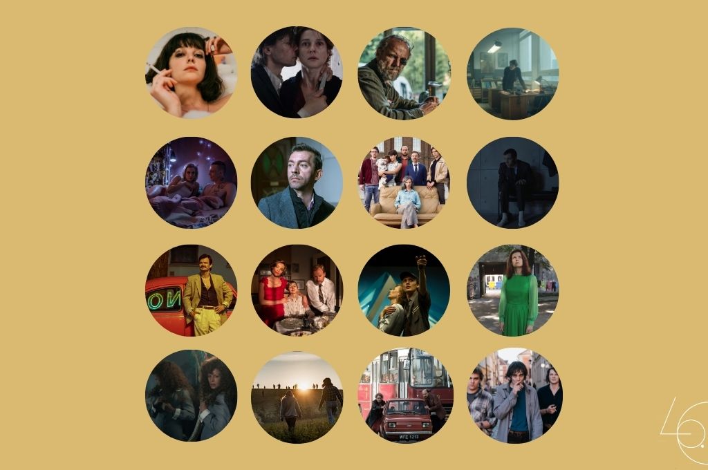 Grafika prezentująca 16 film&oacute;w zakwalifikowanych do Konkursu Gł&oacute;wnego 46. Festiwalu Polskich Film&oacute;w Fabularnych. Na złotym tle umieszczono 16 k&oacute;łek. W każdym jest zdjęcie promujące jeden film // materiały prasowe