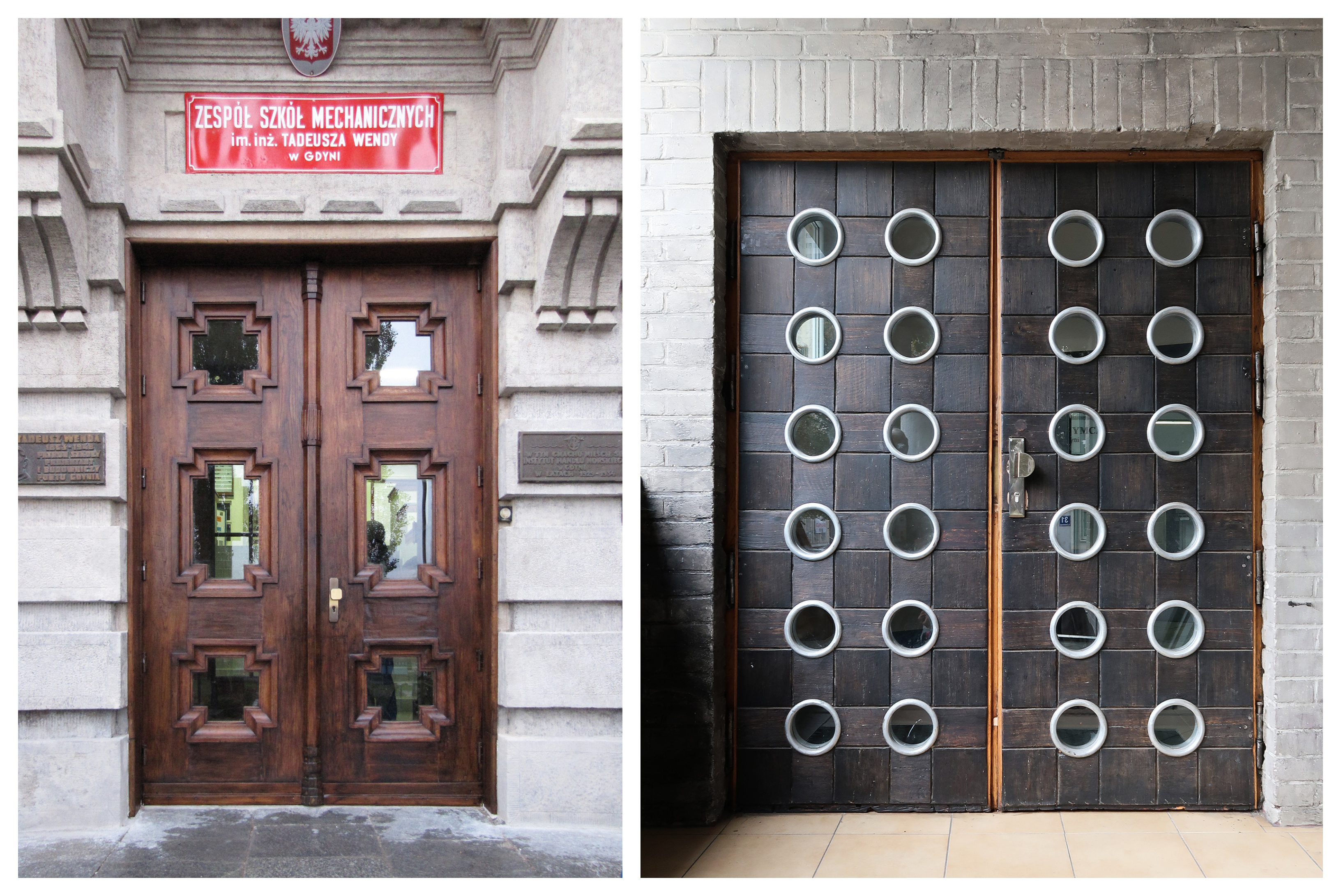 Wczesnomodernistyczne drzwi gł&oacute;wne do budynku Zespołu Szk&oacute;ł Mechanicznych przy ul. Morskiej 79; Drzwi gł&oacute;wnego wejścia do siedziby Stowarzyszenia YMCA przy ul. Żeromskiego 28, z okładziną z czarnego dębu i aluminiowymi oprawami okrągłych przeszkleń.