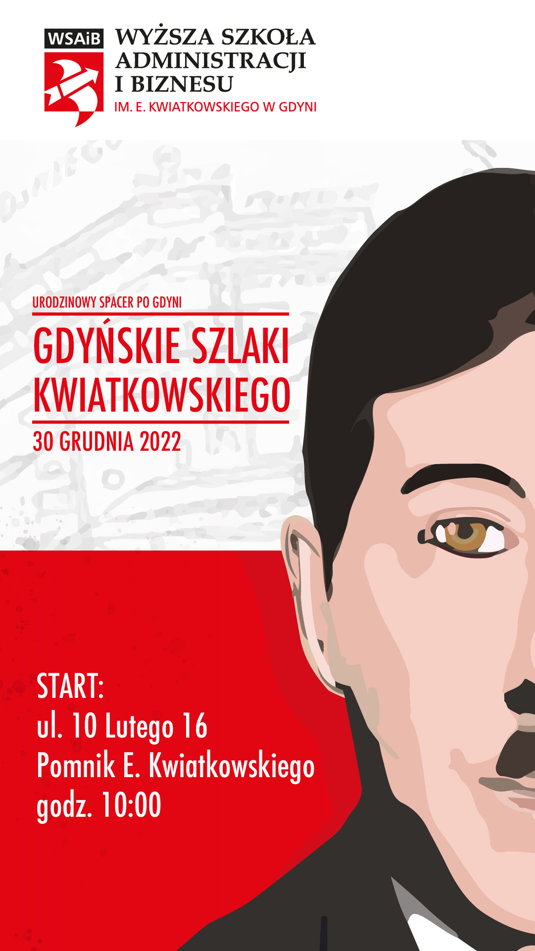 portret Eugeniusza Kwiatkowskiego na biało-czerwonym tle