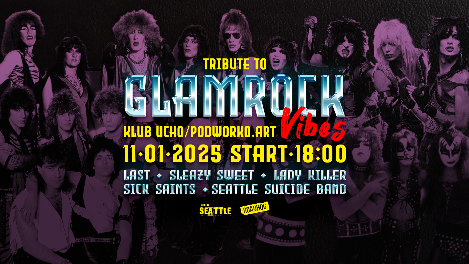 Grafika promująca Festiwal Tribute To GlamRock Vibes: muzycy w rockowych strojach, przedstawieni w r&oacute;żowych barwach.