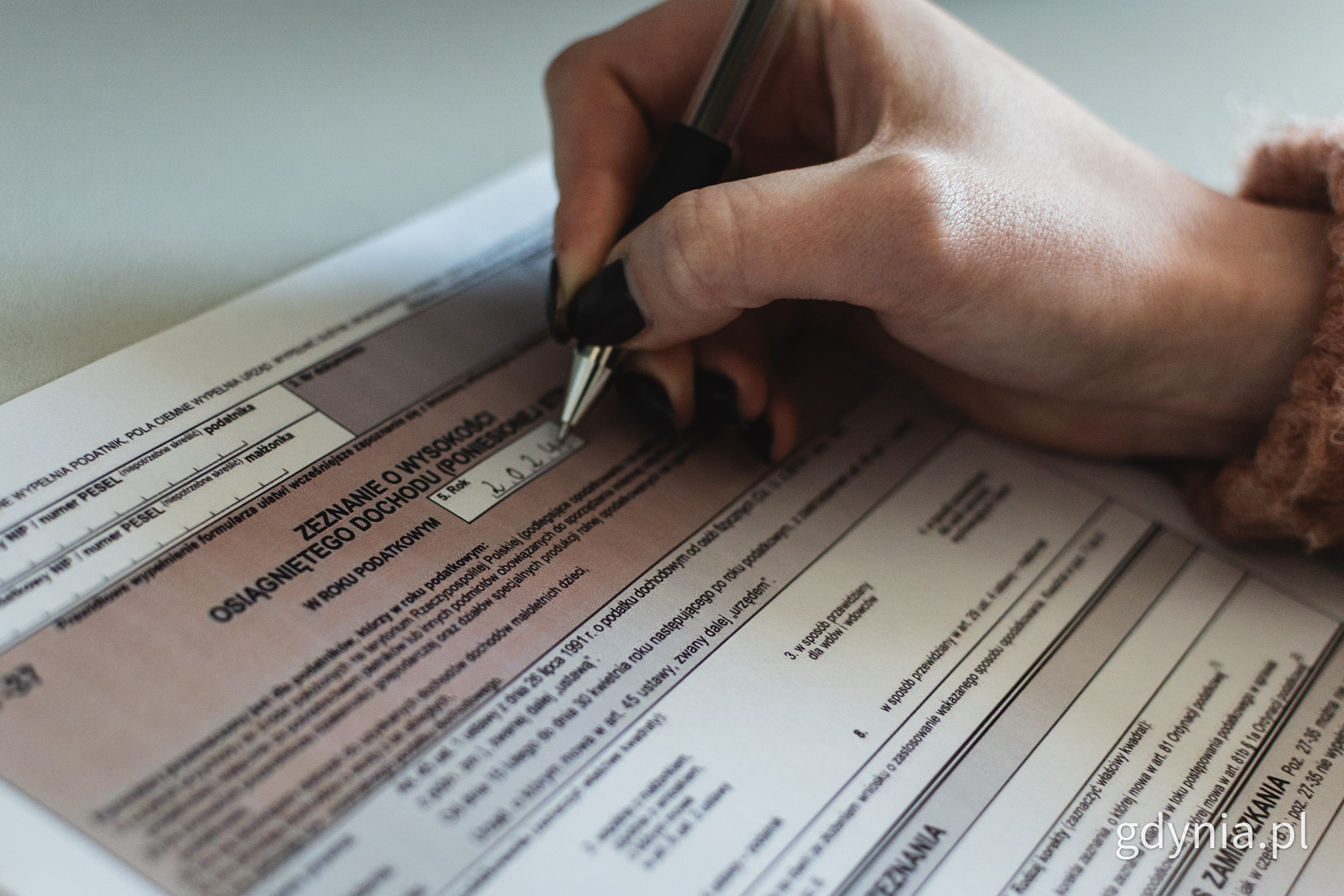 St&oacute;ł, formularz PIT, kobieca ręka z długopisem