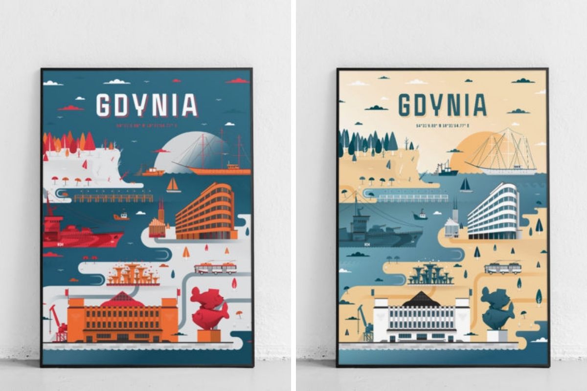 Plakat z serii  &ldquo;Miasta&rdquo; przedstawia największe symbole Gdyni m.in. Klif Orłowski, Molo w Gdyni Orłowie, ORP Blyskawica, Statek Dar Pomorza, Dworzec Morski, Kości&oacute;ł św. Antoniego Padewskiego. Na zdjęciu kolaż dw&oacute;ch plakat&oacute;w, w dw&oacute;ch r&oacute;żnych wersjach kolorystycznych.