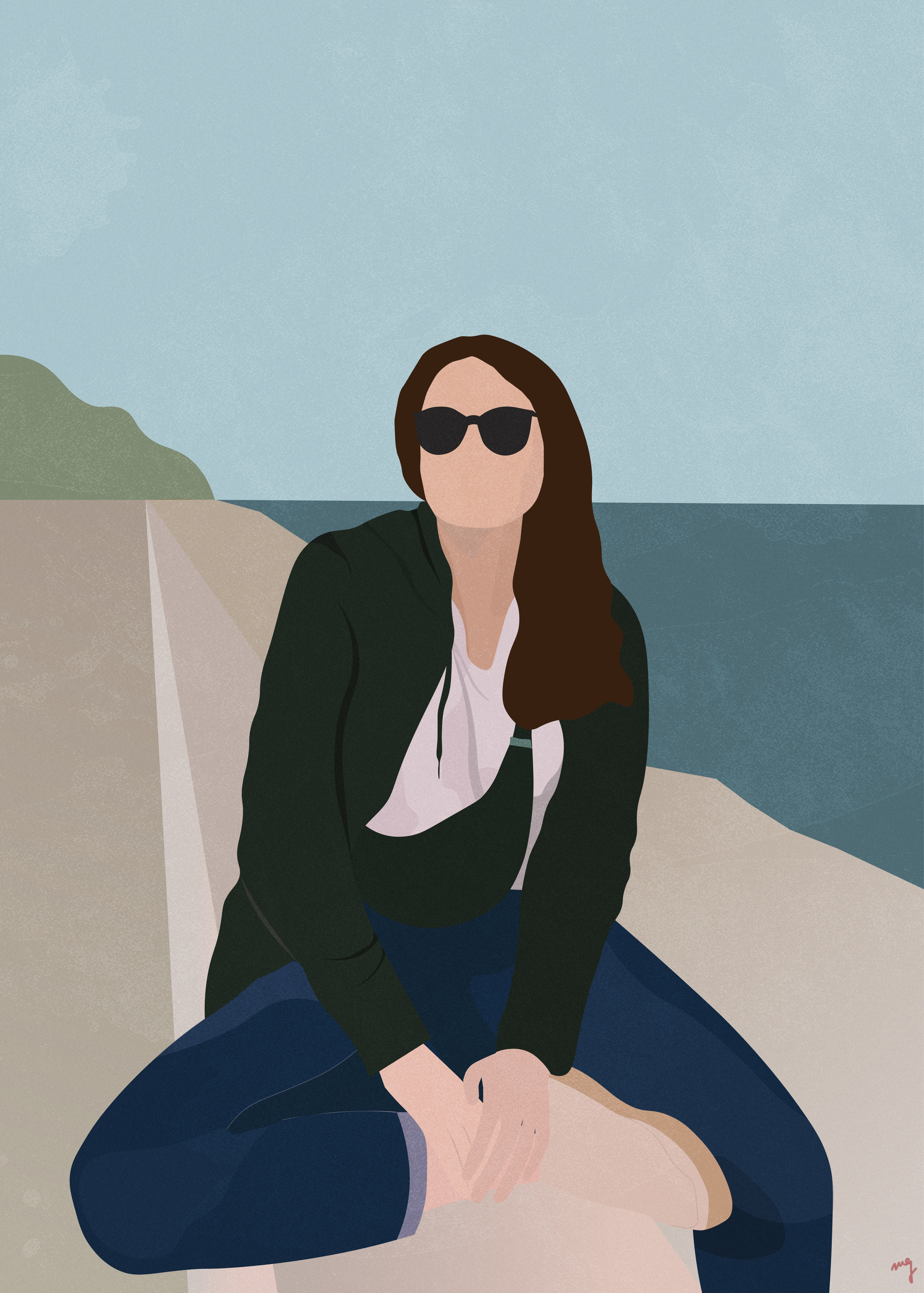 Grafika autorstwa Magdaleny Dopke. Kobieta ubrana w zieloną bluzę i dżinsy siedzi na falochronie na Bulwarze Nadmorskim w Gdyni. Na twarzy okulary przeciwsłoneczne. W tle widać morze oraz las. 