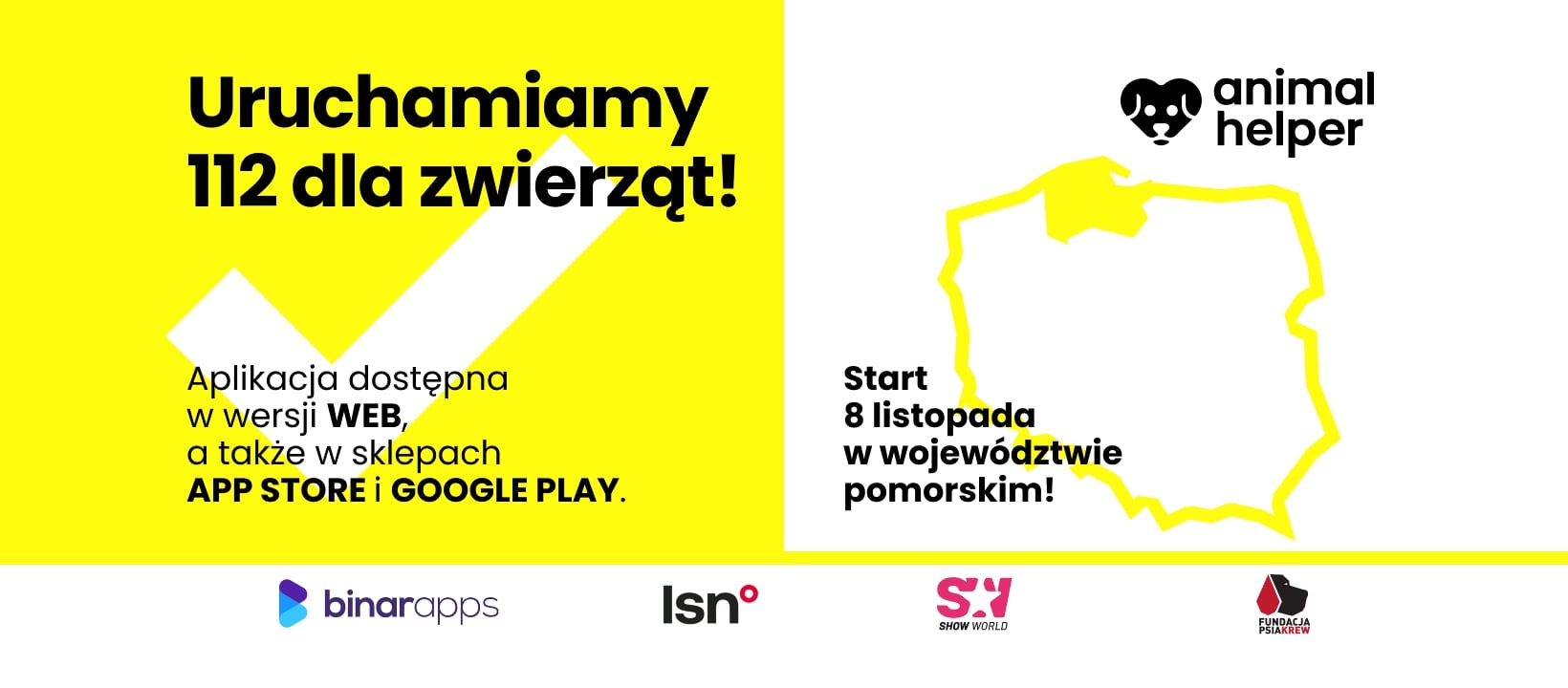 Grafika: uruchamiamy 112 dla zwierząt. Aplikacja Animal Helper dostępna w wersji WEB, a także w sklepach App Store, Google Play. Start 8 listopada w wojew&oacute;dztwie pomorskim