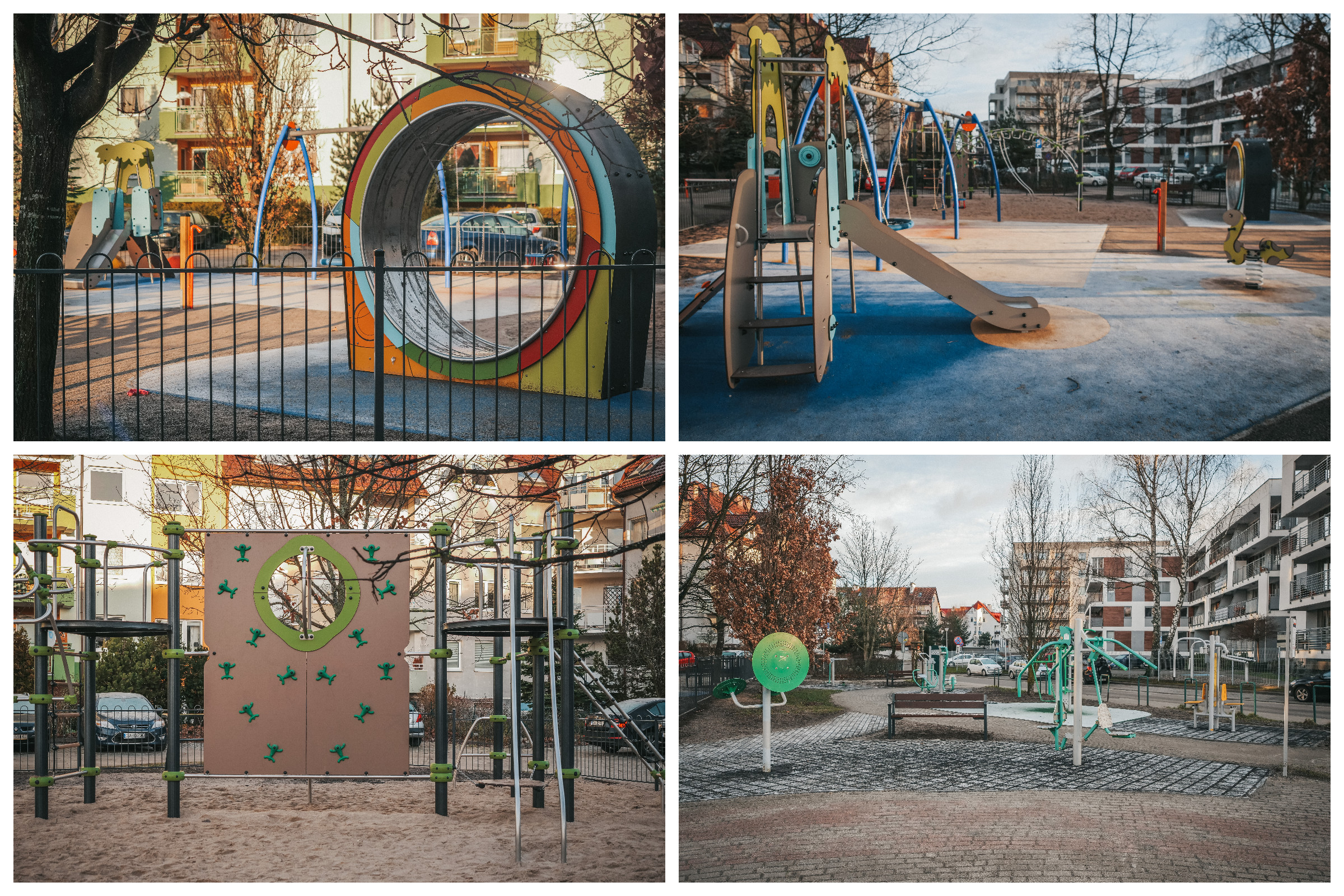 kolaż zdjęć, urządzenia zabawowe na placu zabaw, modernizacja placu zabaw