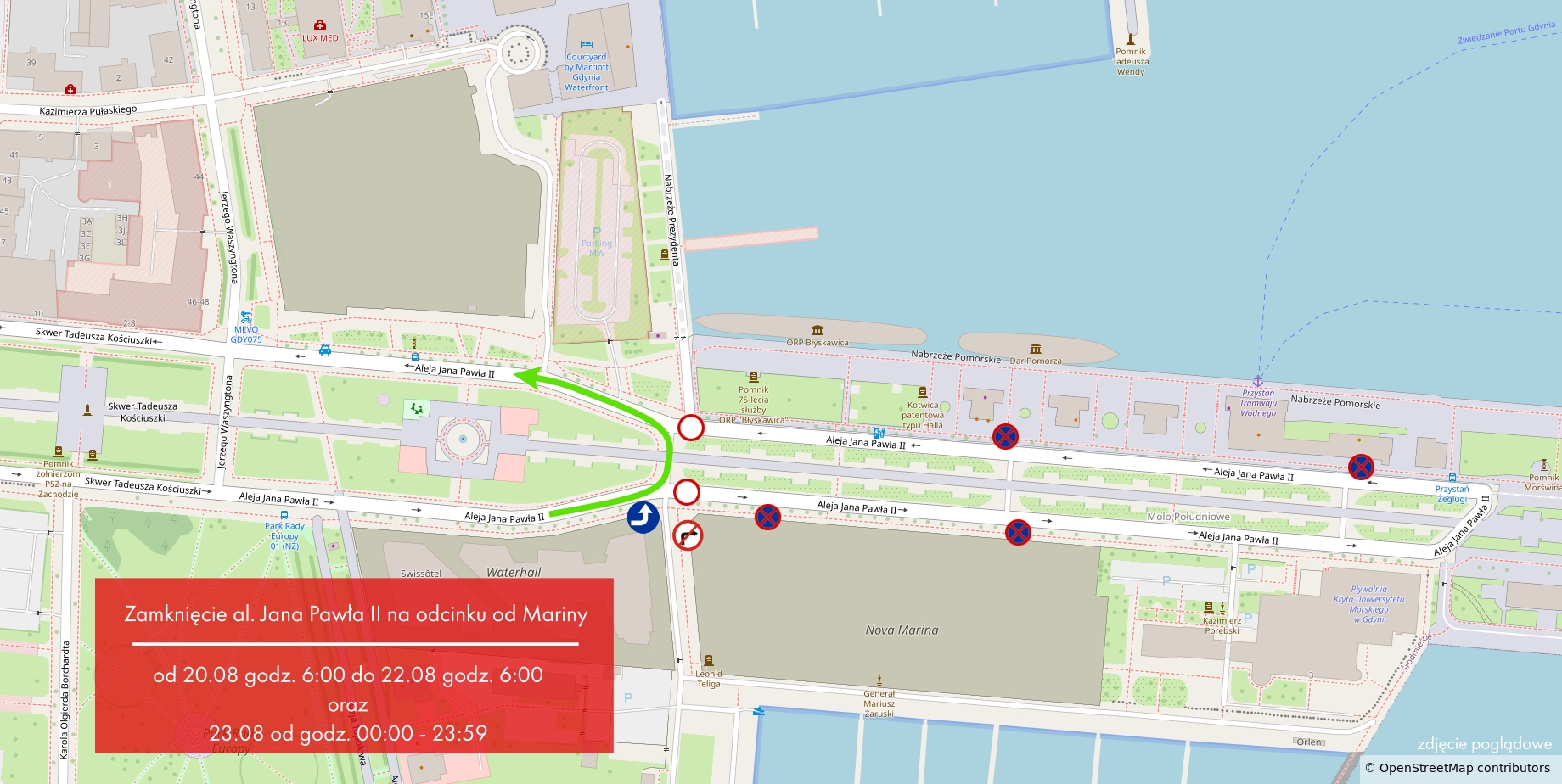Mapka pokazująca zamknięcie Alei JP II na odcinku od Mariny