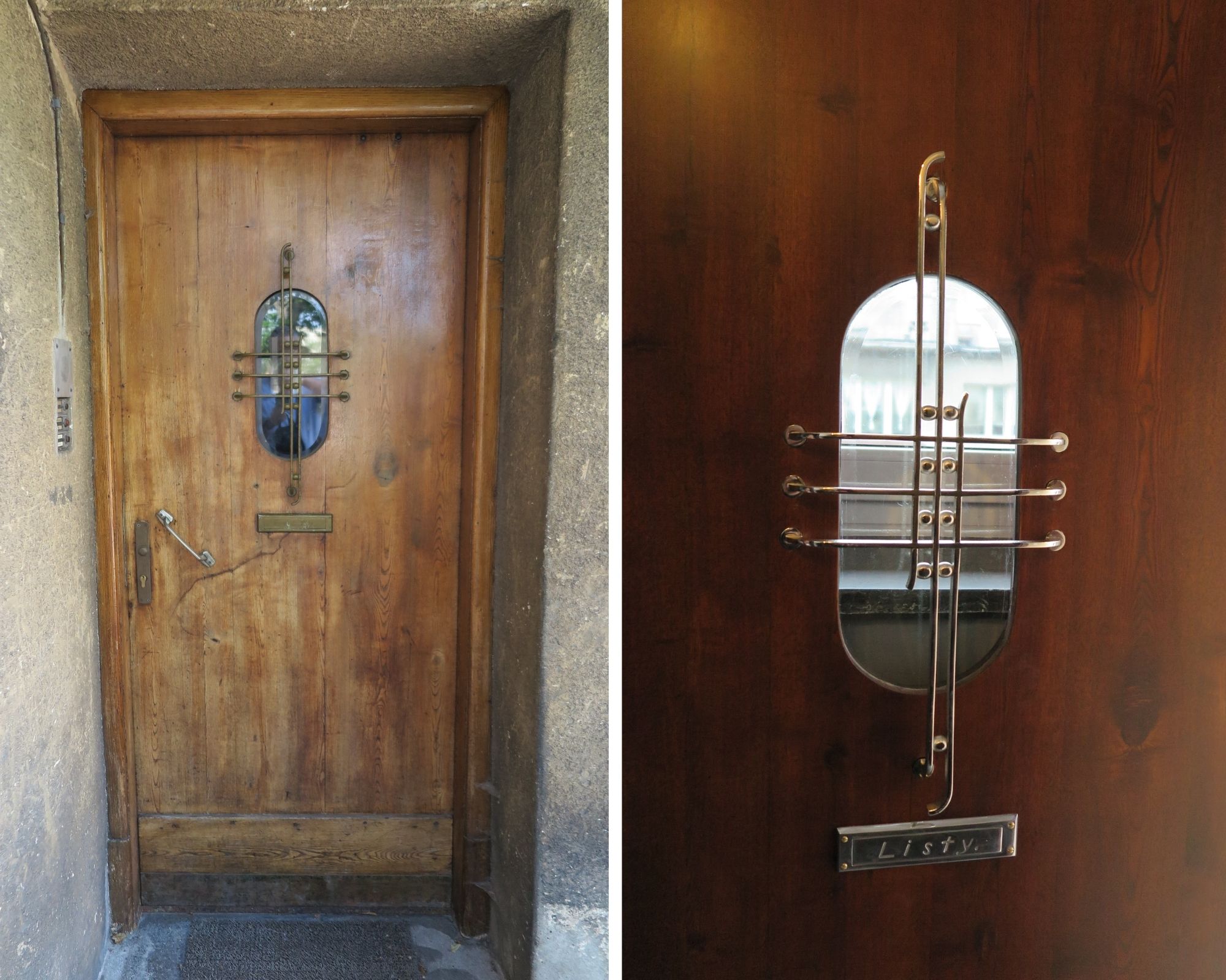 Po lewej drzwi do budynku przy ul. Sienkiewicza 6 przed pracami, po prawej fragment drzwi po pracach konserwatorskich, fot. Biuro Miejskiego Konserwatora Zabytk&oacute;w w Gdyni