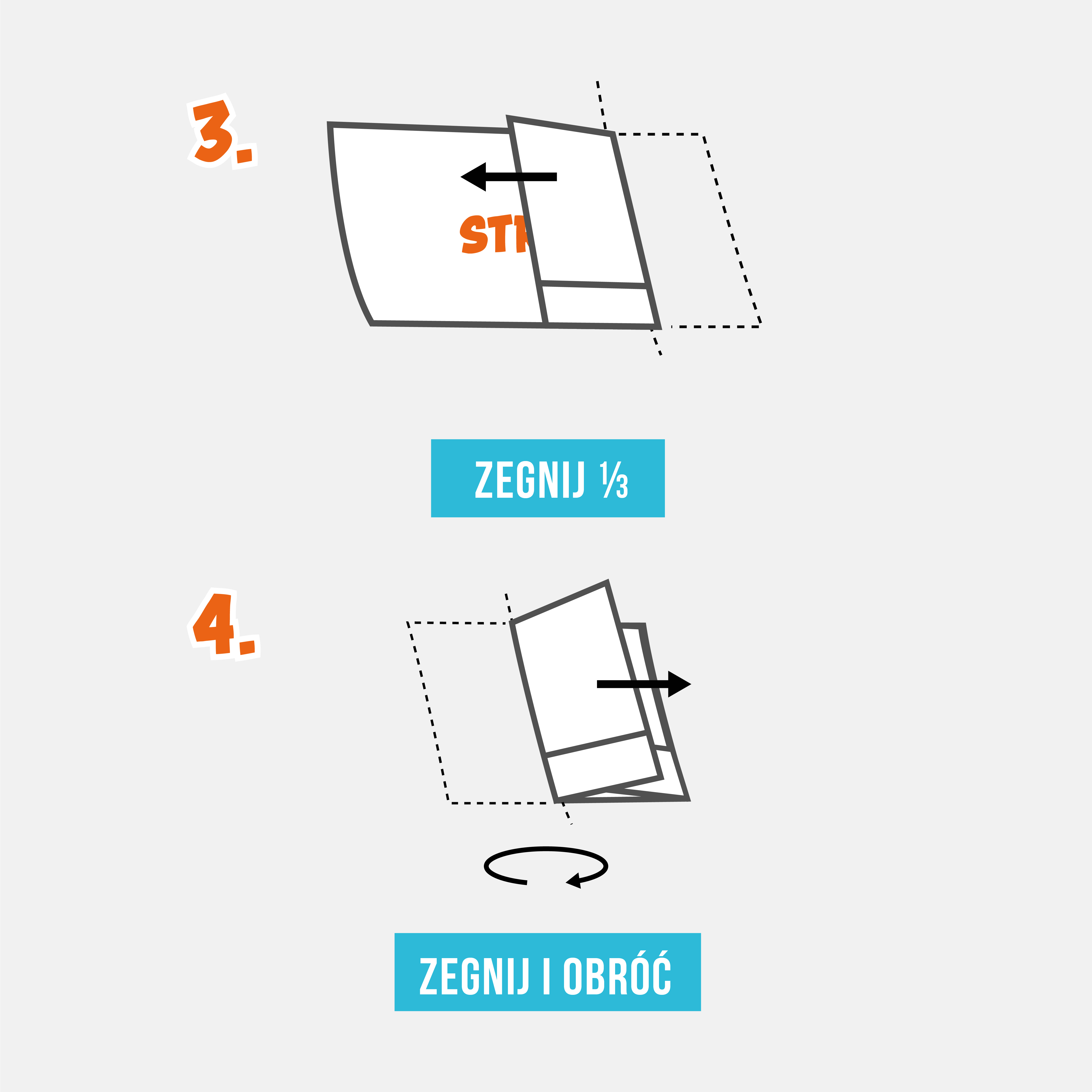 Krok 3. Zł&oacute;ż prawą stronę w taki spos&oacute;b, aby miała taki sam rozmiar jak niezłożona lewa strona.  Krok 4. Zł&oacute;ż lewą stronę i nał&oacute;ż ją na złożoną prawą stronę. Następnie obr&oacute;ć papier na drugą stronę.