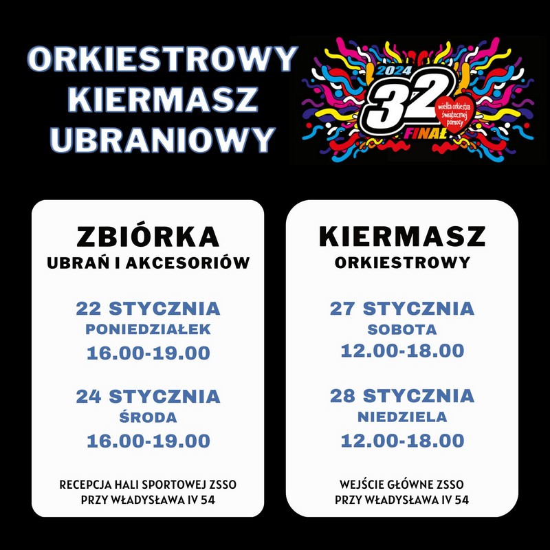 Grafika z datami i godzinami zbi&oacute;rki ubrań oraz kiermaszu orkiestrowego // materiały prasowe