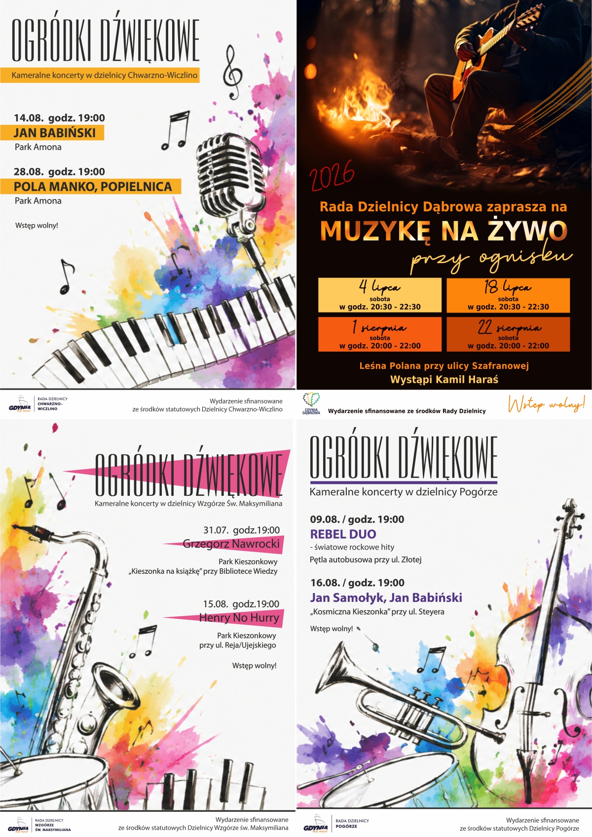 Kolaż plakat&oacute;w koncert&oacute;w muzycznych w dzielnicach.