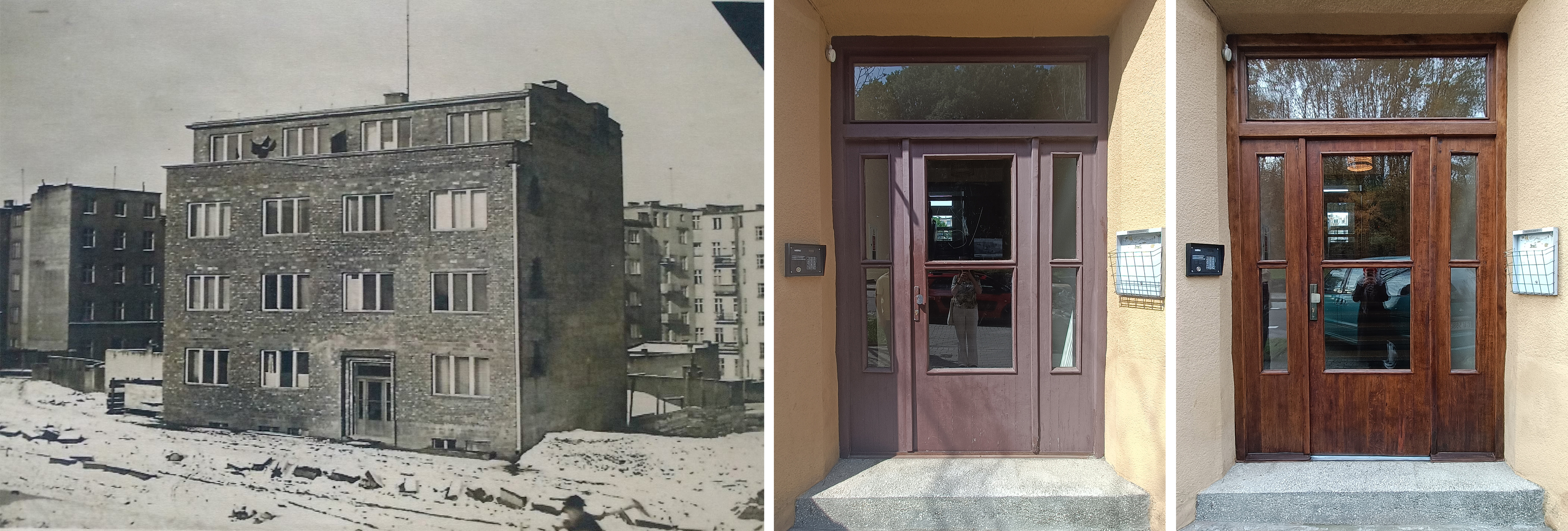 Historyczny budynek i drzwi przed i po renowacji