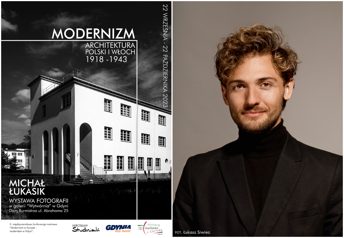 kolaż zdjęć - plakat zapowiadający wystawę architektury modernistycznej i portret autora, młodego mężczyzny.