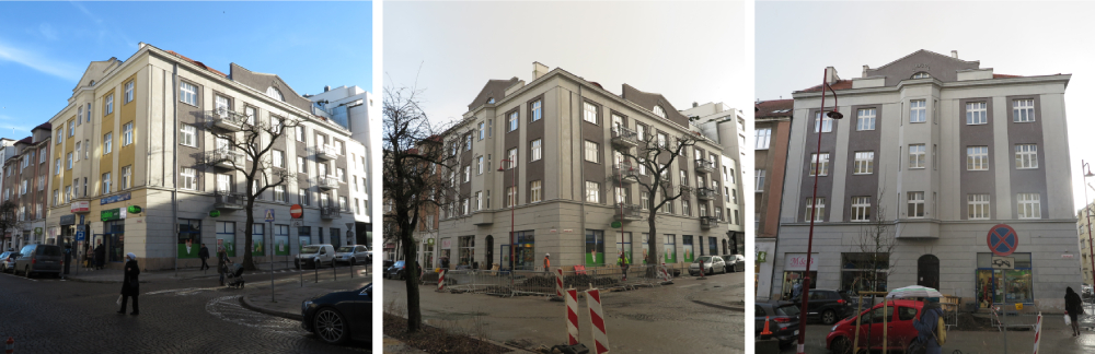 Ujęcie z narożnika budynku przed i po pracach oraz ujęcie fasady