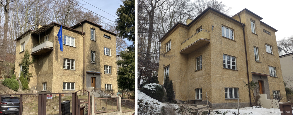 Ujęcie od ulicy na budynek przed i po wykonaniu prac