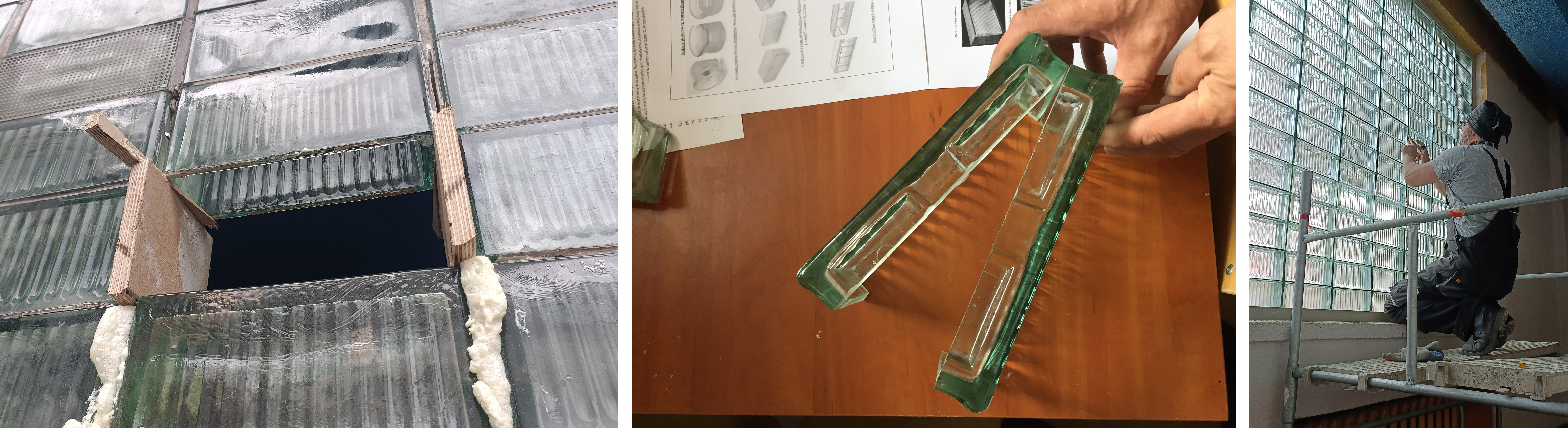 Szklana ściana po wyjęciu pustaka, przecięty pustak i prace przy fugowaniu ściany