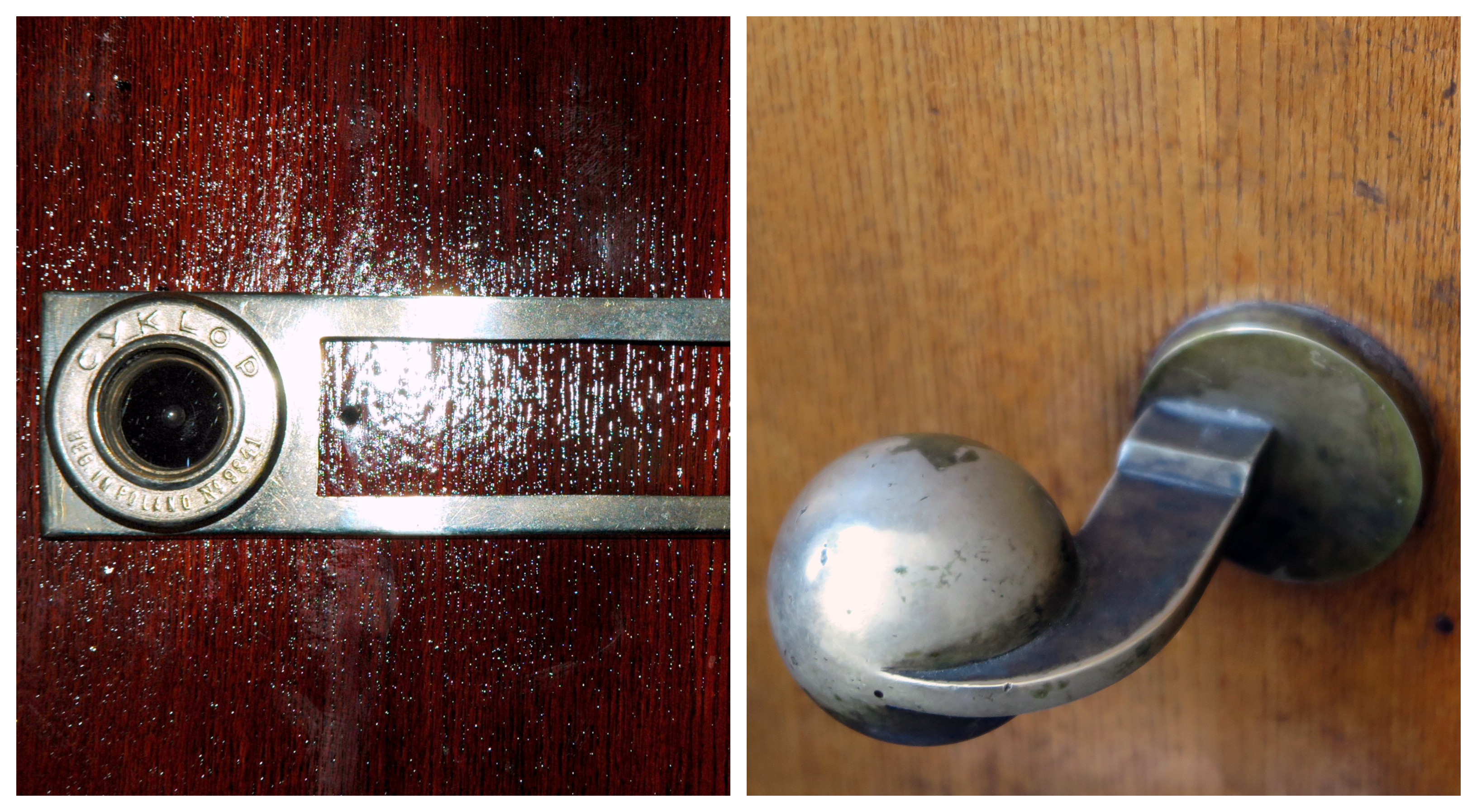 Wizjer "Cyklop" oraz oprawa na wizyt&oacute;wkę, drzwi mieszkania w domu Bronisławy i Antoniego Konopk&oacute;w, ul. Słupecka 9; Modernistyczna klamka-kula produkowana przez wytw&oacute;rnię &ldquo;Bracia Lubert&rdquo;, drzwi wewnętrzne w kamienicy Sp&oacute;łki &ldquo;Patarei&rdquo;, ul. Abrahama 37