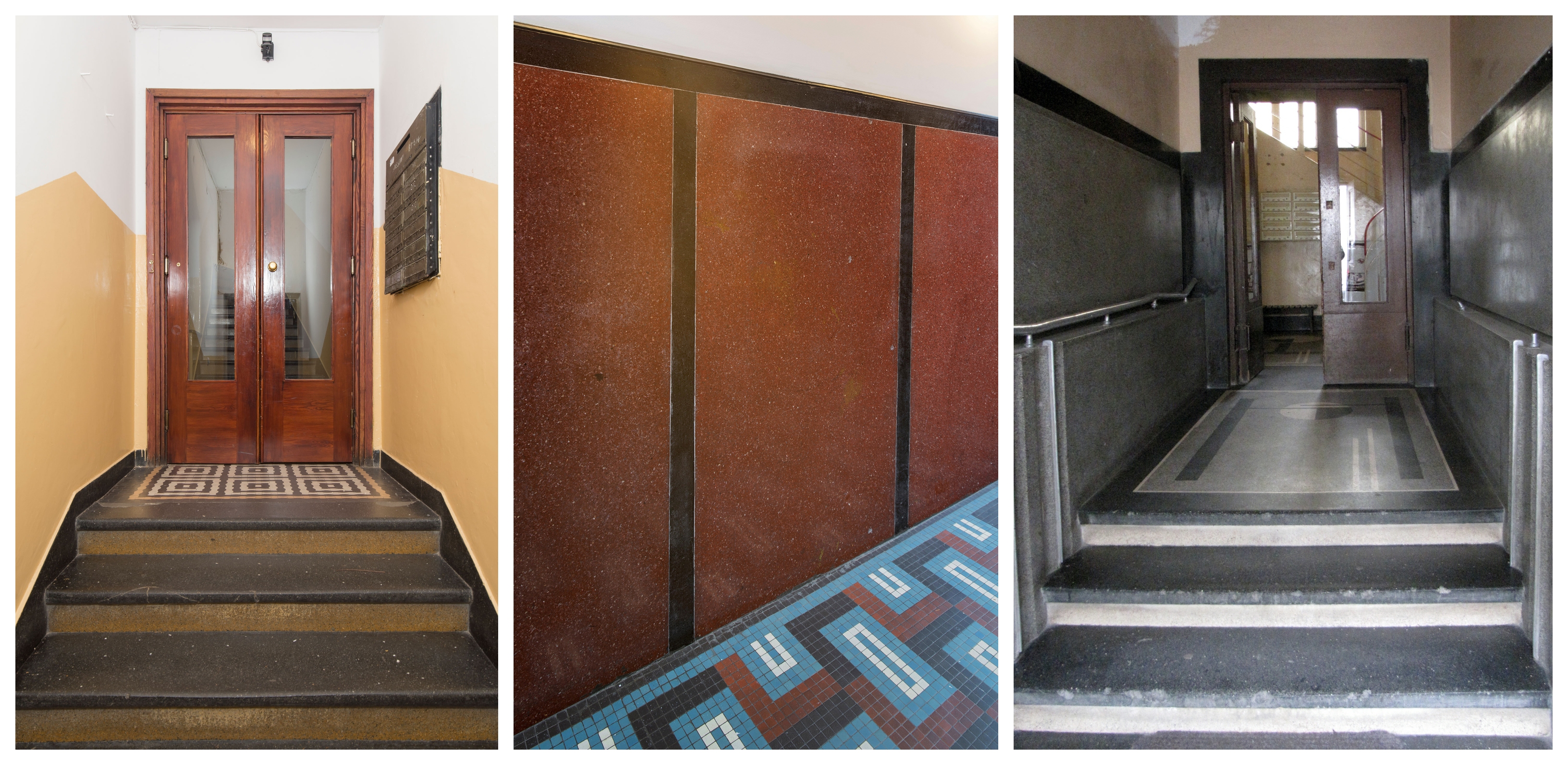 Strefa wejściowa w czynszowym domu wielorodzinnym przy ul. Słupeckiej 9, posadzka wykonana z lastryka, przed drzwiami kompozycja z gorsecik&oacute;w, na ścianie historyczna skrzynka na listy. / Fragment strefy wejściowej w kamienicy przy ul. 10 Lutego 5, w dolnej partii ścian dwukolorowe lastryko, posadzka utworzona z barwnych płytek tzw. irysk&oacute;w. / Strefa wejściowa w kamienicy przy ul. Świętojańskiej 122, dolne partie ścian oraz posadzka wykonana z lastryka, po obu stronach także dekoracyjne, aluminiowe poręcze. 