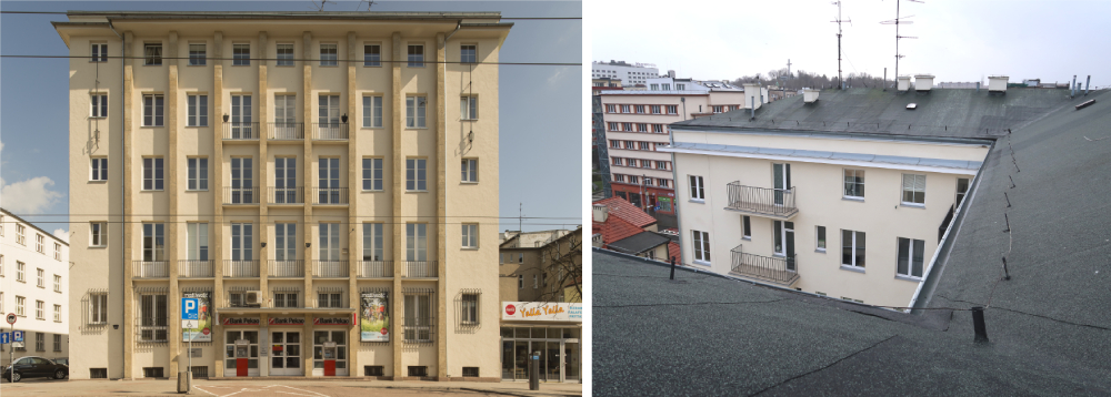 Ujęcie na fasadę i na dach wok&oacute;ł dziedzińca