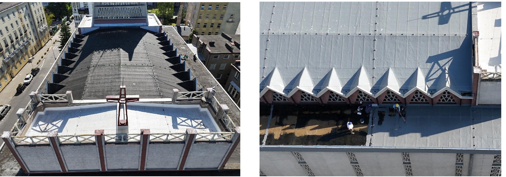 Dach kościoła pw. NSPJ przed rozpoczęciem prac  i układanie nowego pokrycia dachowego nad nawą p&oacute;łnocną
