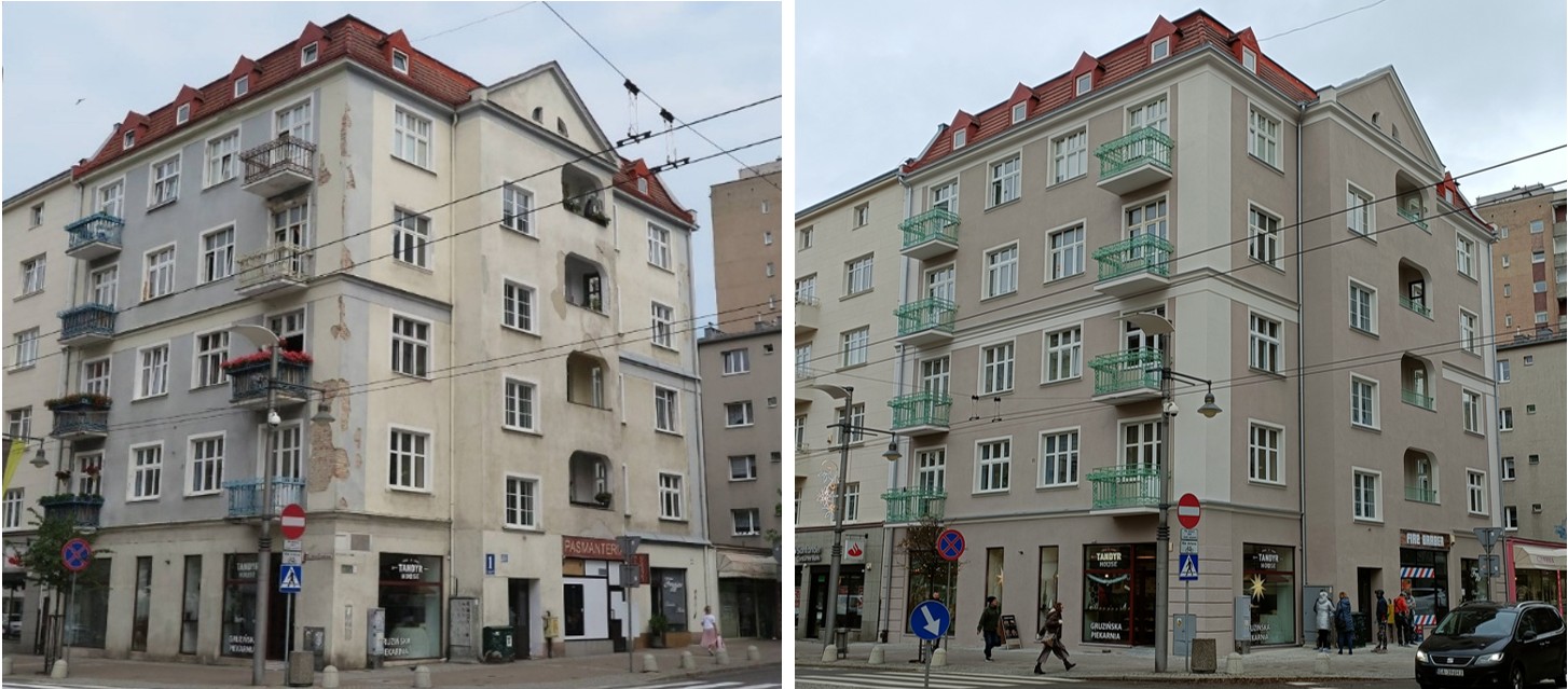 Kamienica przy ul. Żołnierzy I Armii Wojska Polskiego 1 przed i po pracach (fot. Biuro Miejskiego Konserwatora Zabytk&oacute;w)