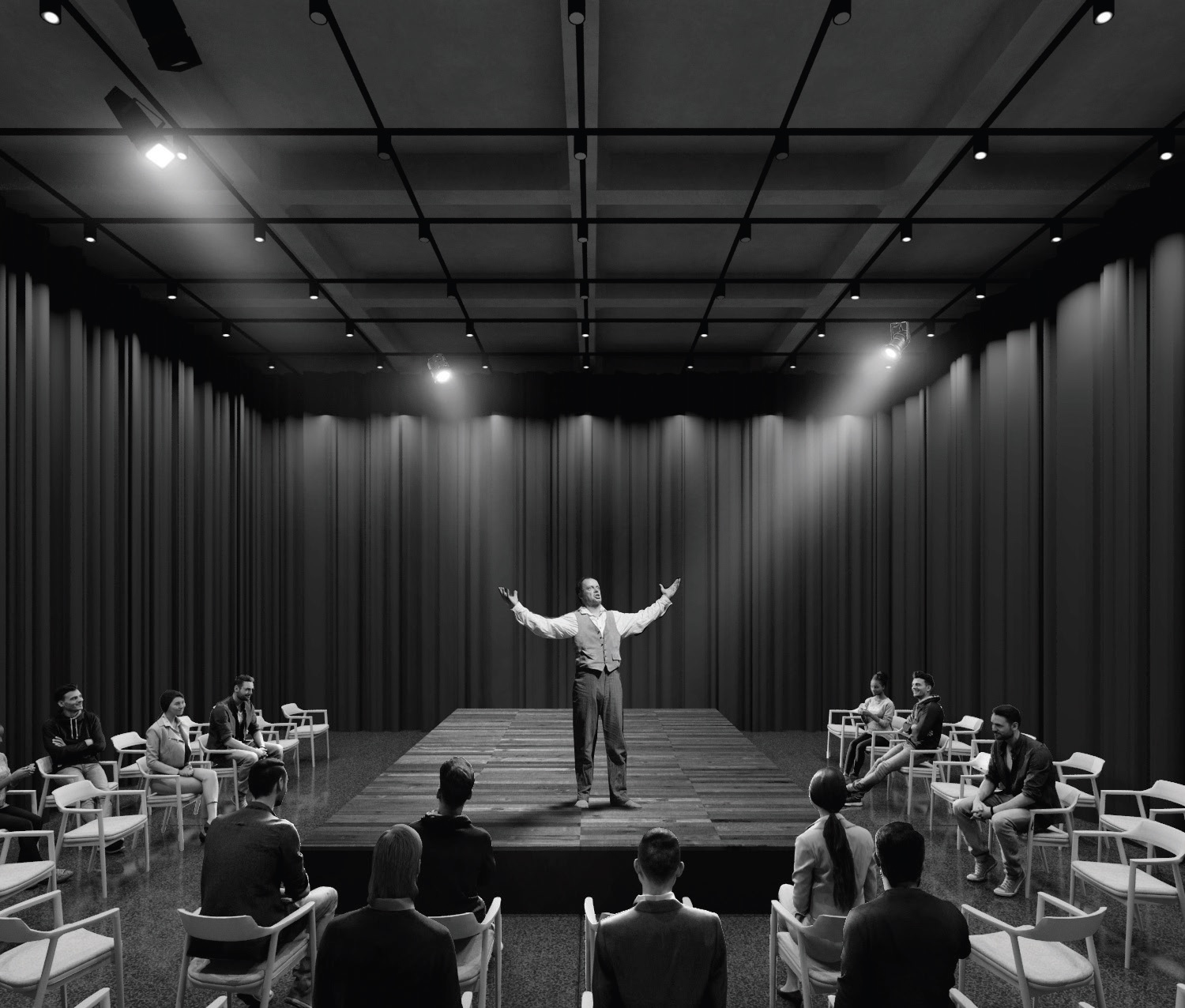 W związku z potrzebą zmiennej lokalizacji widowni i sceny przewidujemy zastosowanie sceny mobilnej, montowanej na potrzeby spektaklu w r&oacute;żnych częściach foyer - tłumaczą autorzy projektu,fot. materiały prasowe pracowni WXCA Sp. z o.o. 