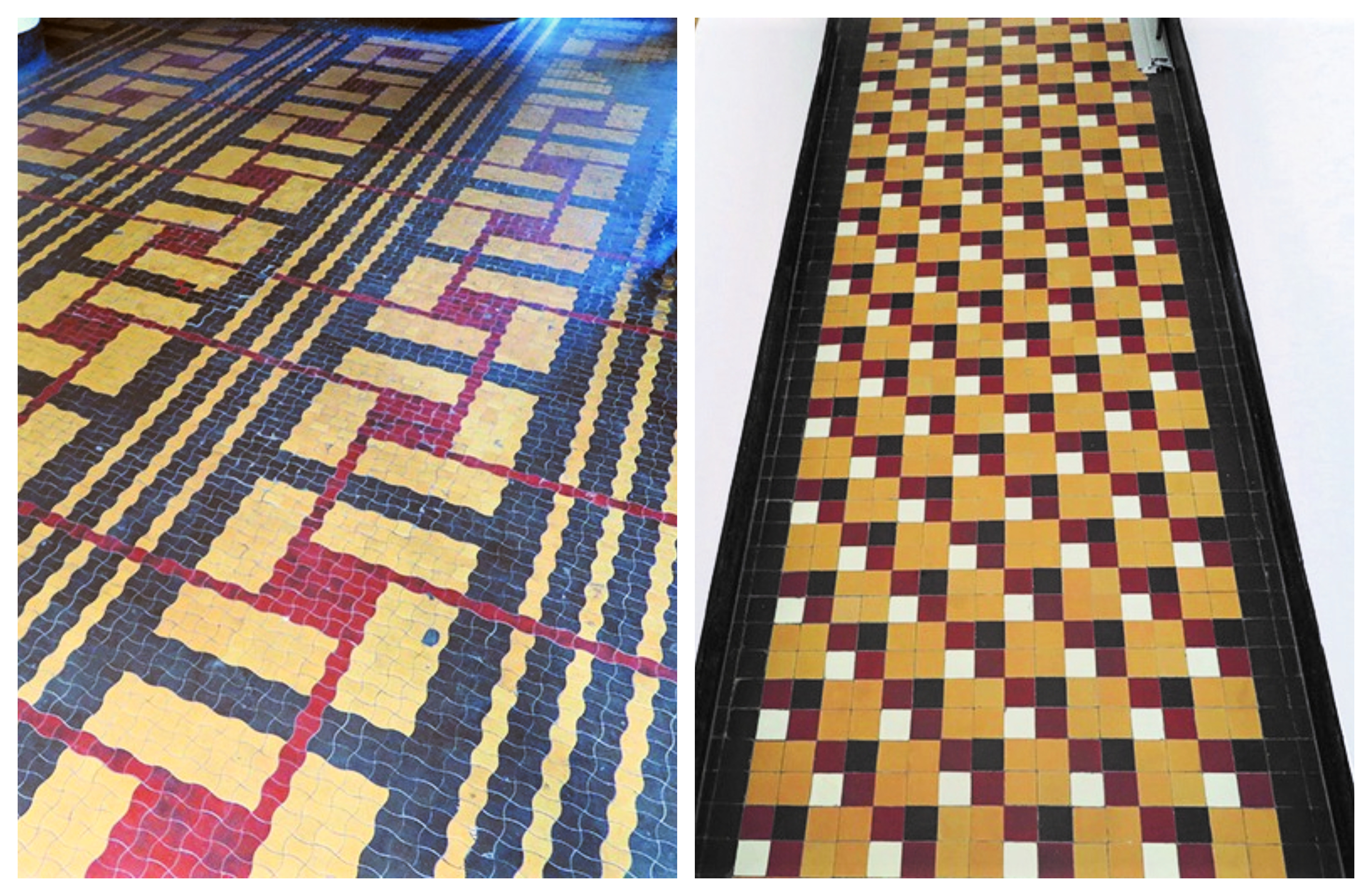 Posadzka w przejściu bramnym budynku przy ul. 3 Maja 27-31, jedna z najbardziej efektownych posadzek z gorsecik&oacute;w zachowana w Gdyni; Posadzka na podestach klatki schodowej w budynku na Wzg&oacute;rzu Św. Maksymiliana.