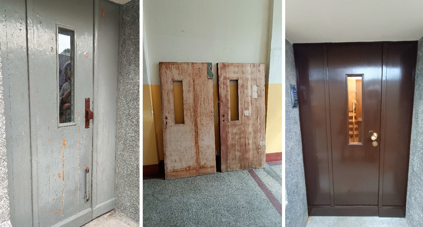 Drzwi przed, w trakcie i po konserwacji