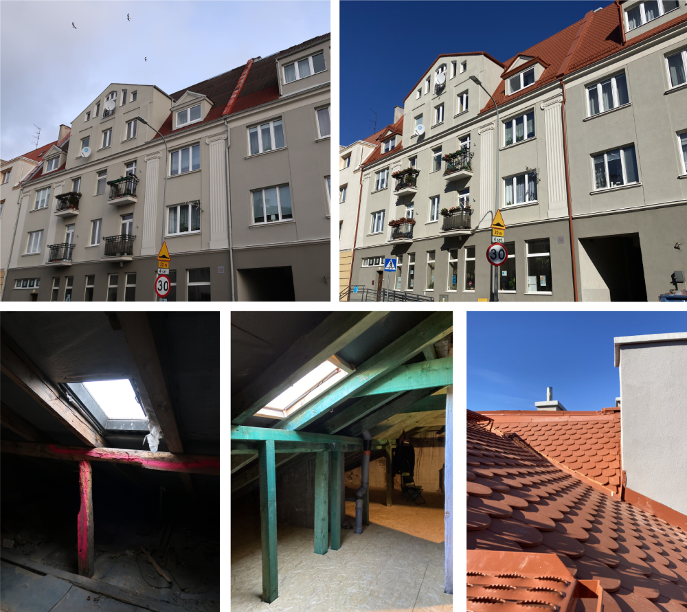 Ujęcia na elewację frontową, ujęcia od wewnątrz na konstrukcję dachu ze świetlikiem i ujęcie z dachu na nową dach&oacute;wkę