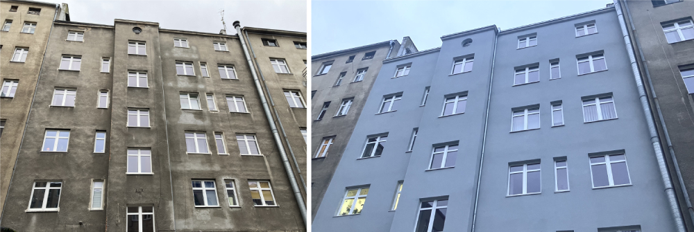 Ujecie na g&oacute;rną część elewacji przed i po pracach