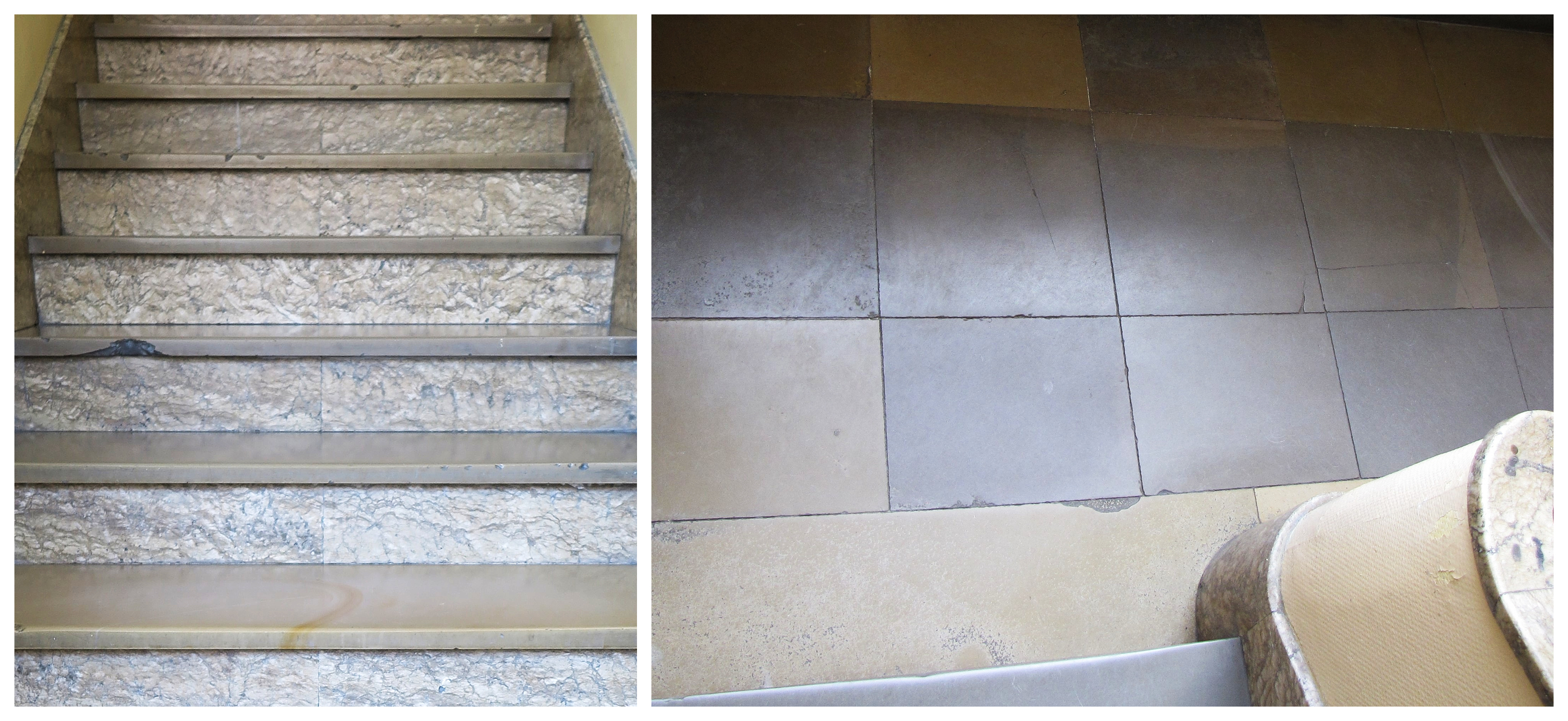 Posadzka na klatce schodowej w budynku przy ul. Abrahama 37, płyty z wapienia mikrytowego, podstopnice i cokoły schod&oacute;w z okładziny marmurowej, prawdopodobnie importowanej.