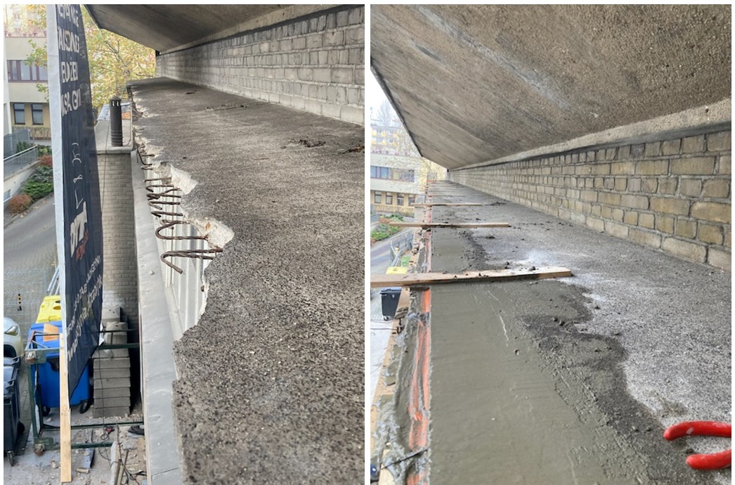 Gzyms nad oknami od strony podw&oacute;rza przed wykonaniem prac i po uzupełnieniu ubytk&oacute;w