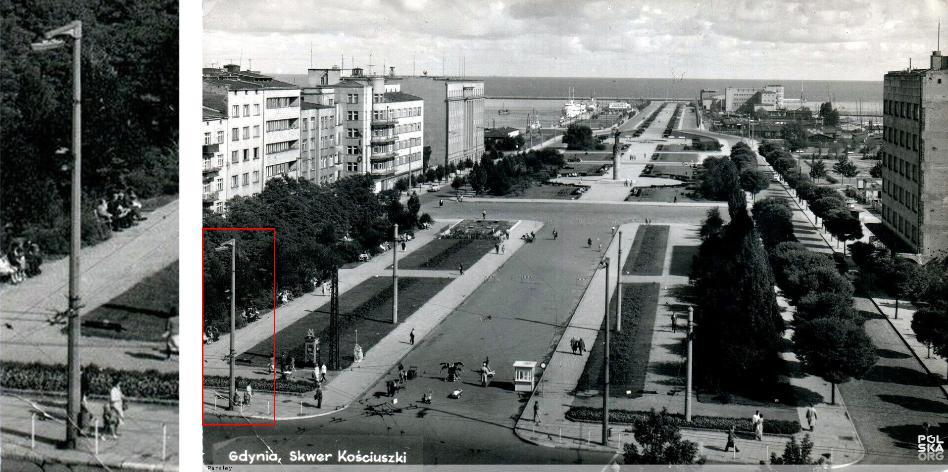 Widok na Skwer Kościuszki i zbliżenie na jedną z latarni z wymienionym kloszem (II poł. XX w.)