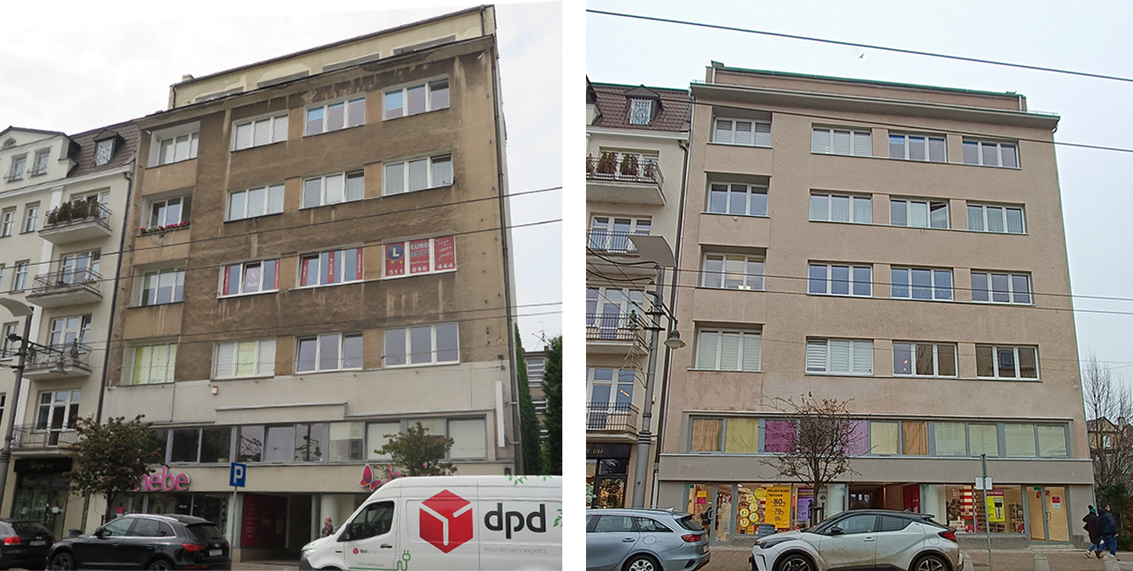 Elewacja przed i po wykonaniu prac