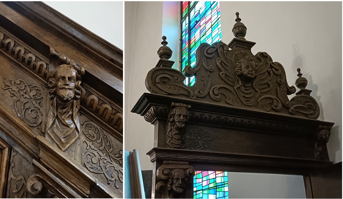 Antropomorficzny detal rzeźbiarski na balustradzie ambony i zwieńczenie bramki z uskrzydloną gł&oacute;wką aniołka (fot. Biuro Miejskiego Konserwatora Zabytk&oacute;w)
