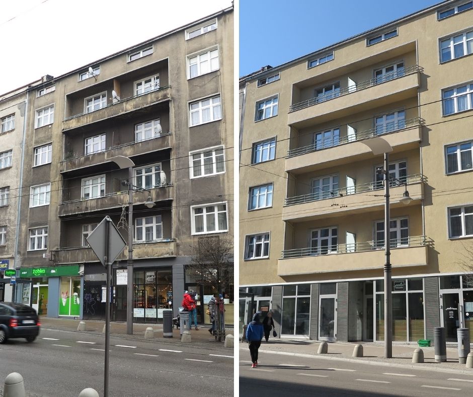 Budynek przy ul. Świętojańskiej 46 - po lewej przed pracami konserwatorskimi, po prawej po pracach konserwatorskich. Fot. Biuro Miejskiego Konserwatora Zabytk&oacute;w