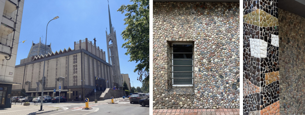 Widok na kości&oacute;ł i fragmenty kamiennej i ceramicznej elewacji