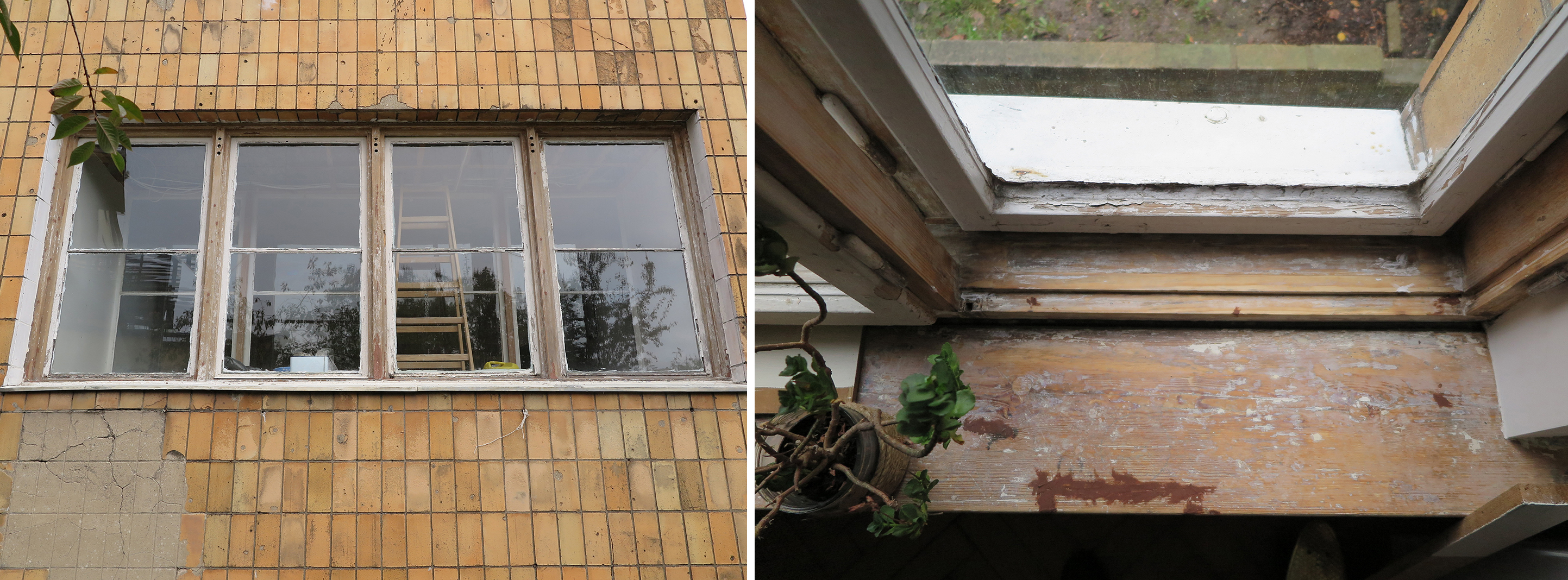 Willa dwurodzinna na Kamiennej G&oacute;rze, okno w trakcie prac konserwatorskich.