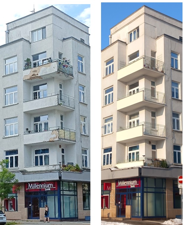 Balkony w kamienicy przy Skwerze Kościuszki 14 przed i po pracach 