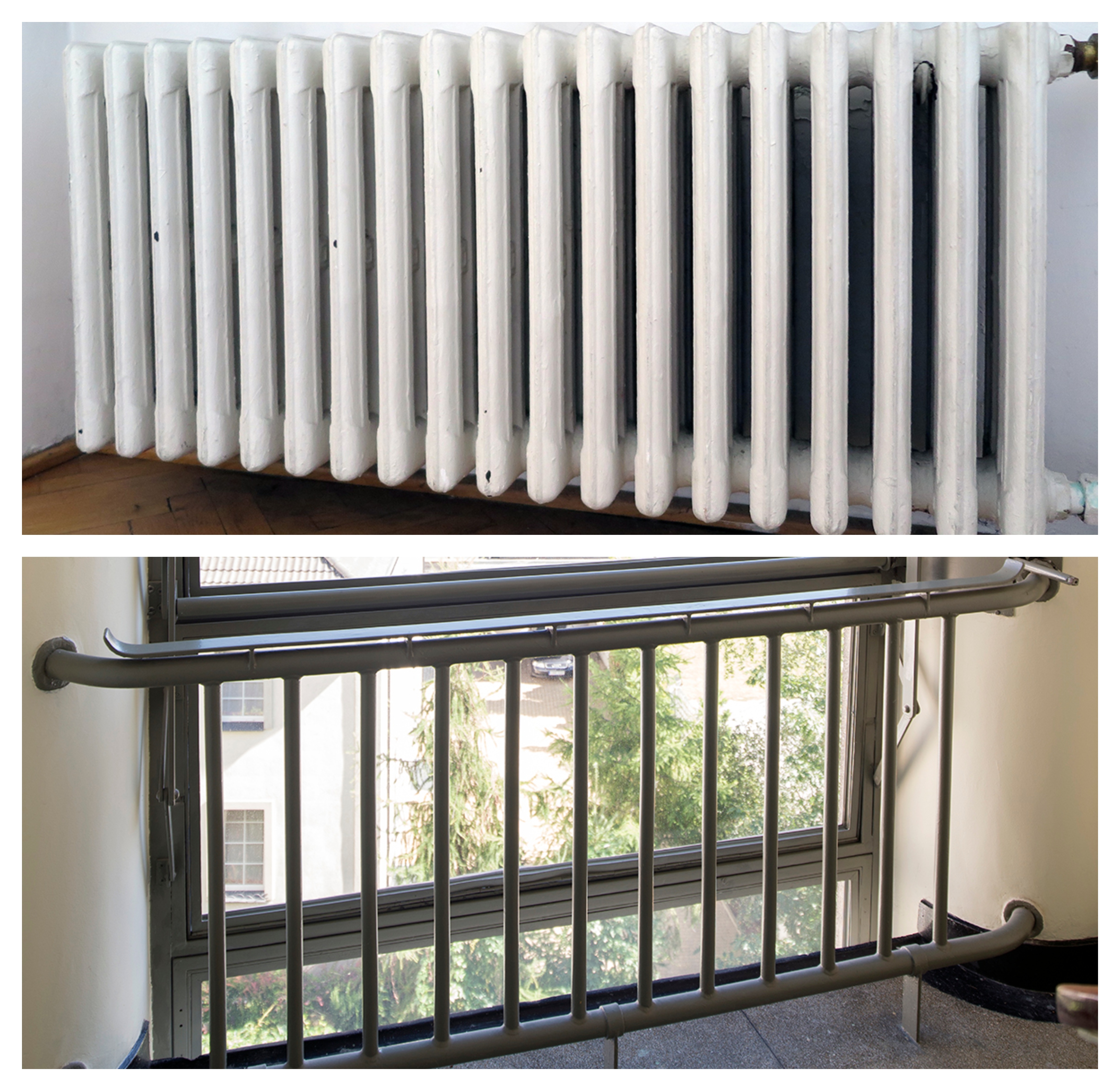 Od g&oacute;ry: Przykład żeliwnego grzejnika żeberkowego; Grzejnik w formie balustrady na klatce schodowej budynku przy ul. 3 Maja 27-31.