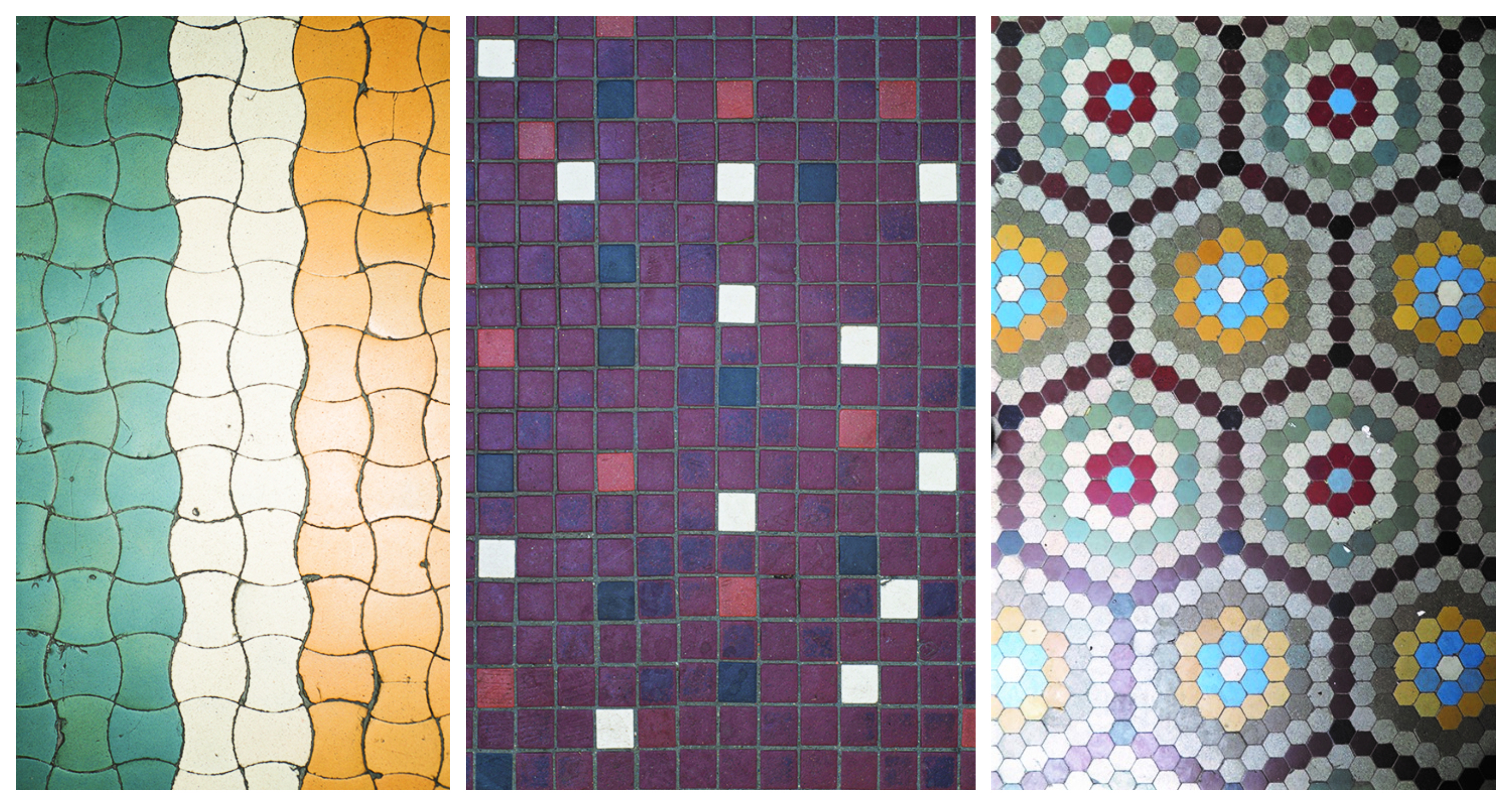 Posadzka z tzw. gorsecik&oacute;w w strefie wejściowej w budynku na Kamiennej G&oacute;rze; Posadzka w korytarzu budynku na Działkach Leśnych, detal r&oacute;żnobarwnych tzw. irysk&oacute;w, czyli płytek kwadratowych o długości boku 2 cm; Posadzka w powojennym budynku mieszkalnym na Kamiennej G&oacute;rze, wykonana z drobnych wielobarwnych płytek sześciobocznych.