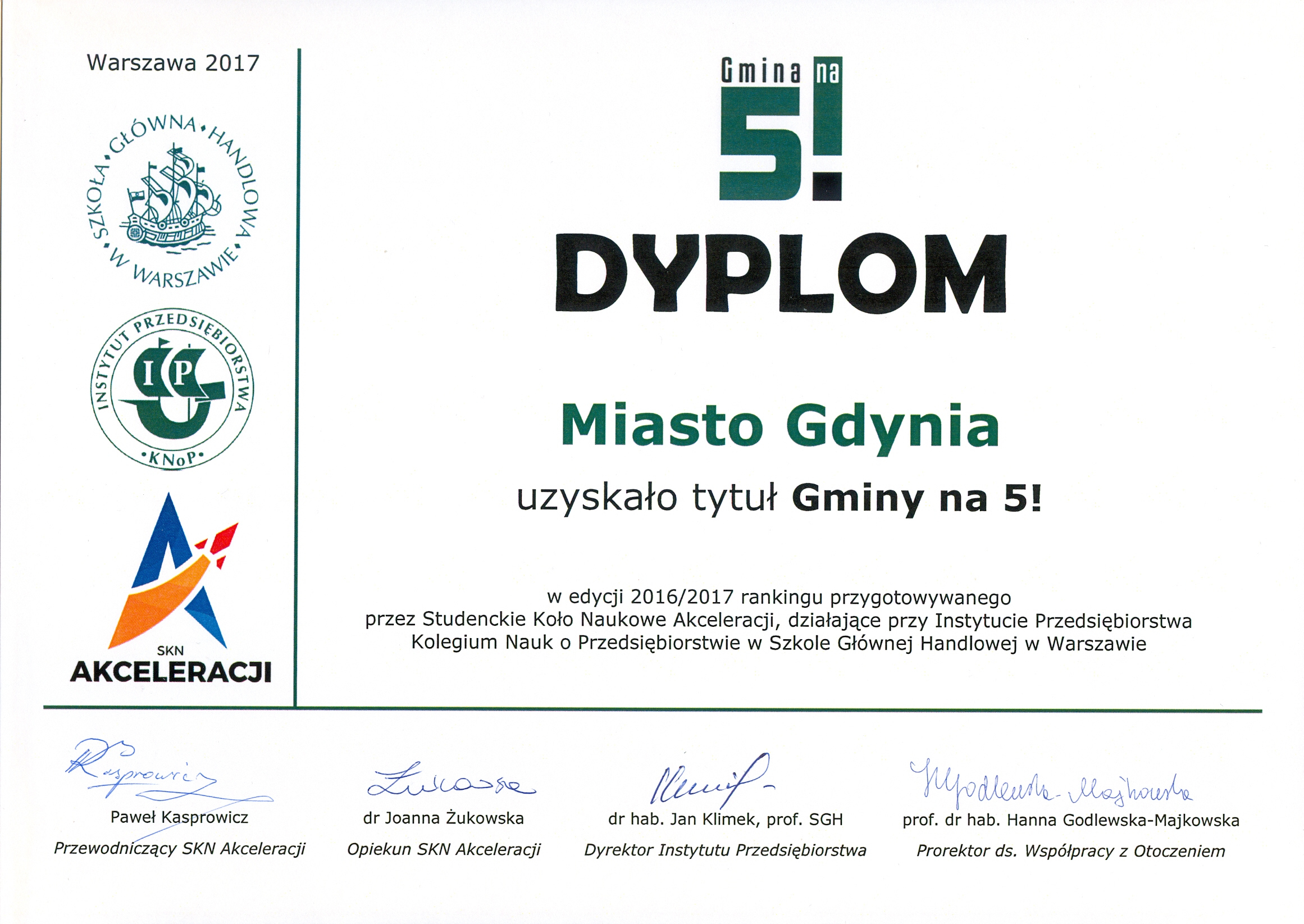 Dyplom Gdynia Gminą na 5