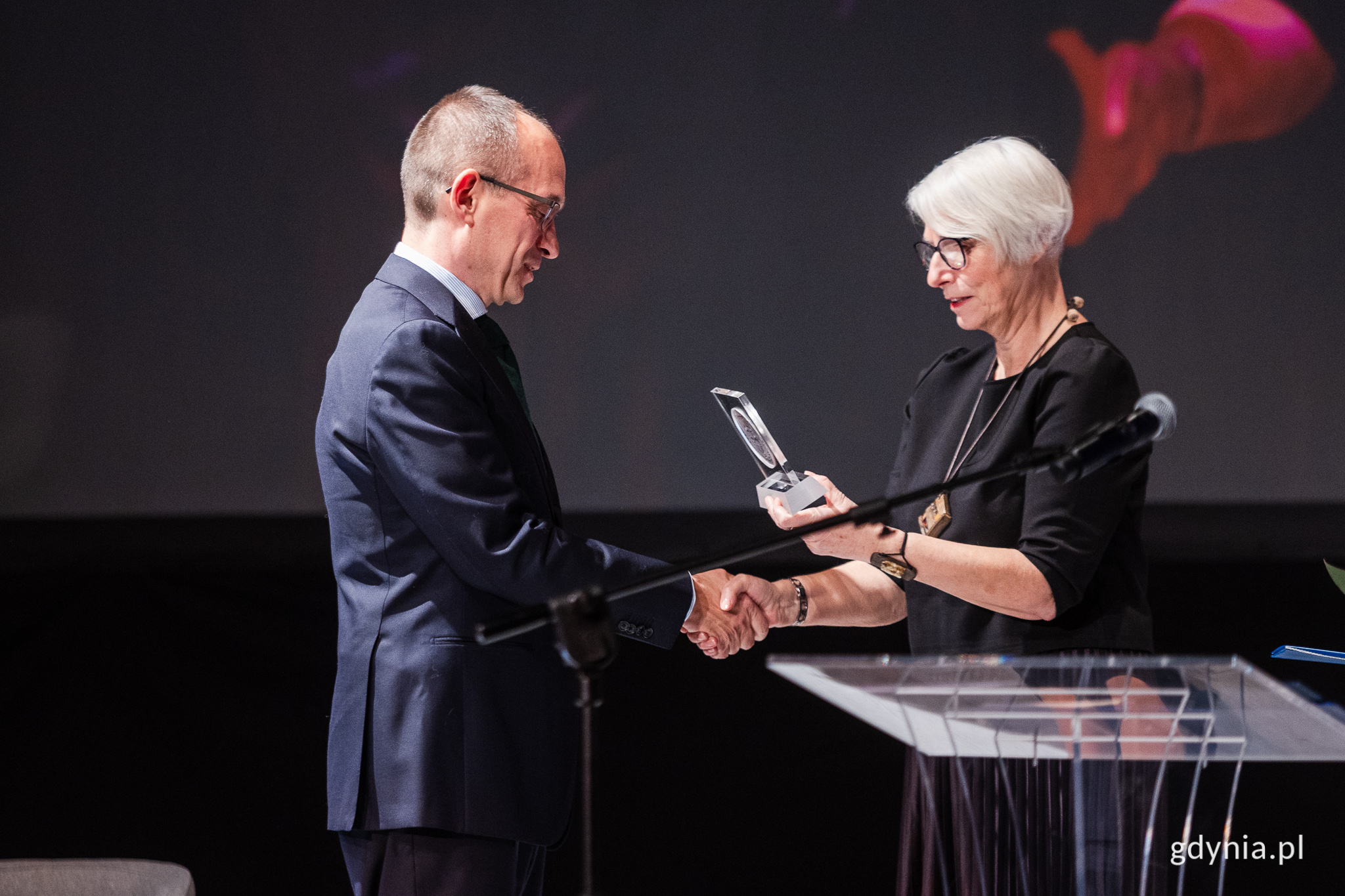 Przewodnicząca Rady Miasta Gdyni Joanna Zielińska wręcza medal im. Eugeniusza Kwiatowskiego Tomaszowi Brodewiczowi / fot. Karol Stańczak 