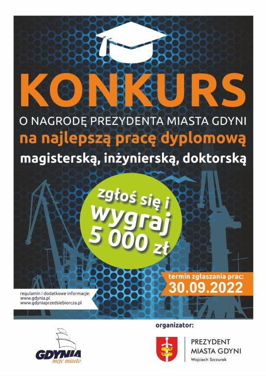 Plakat informujący o konkursie o nagrodę prezydenta Gdyni na najlepszą pracę dyplomową o Gdyni // materiały prasowe