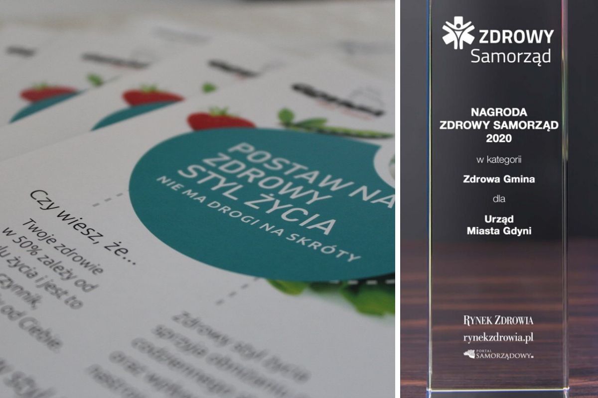 Grafika przedstawiająca nagrodę dla Gdyni za przeciwdziałanie otyłości. Po lewej stronie: zdjęcie przedstawiające kilka rozłożonych ulotek informacyjnych dotyczących akcji "Postaw na zdrowy tryb życia. Nie ma drogi na skr&oacute;ty". Po prawej stronie widnieje logo "Zdrowy Samorząd" oraz opis "Nagroda Zdrowy Samorząd 2020 w kategorii Zdrowa Gmina dla Urząd Miasta Gdyni" oraz loga organizator&oacute;w: Rynek Zdrowia i Portal Samorządowy. 