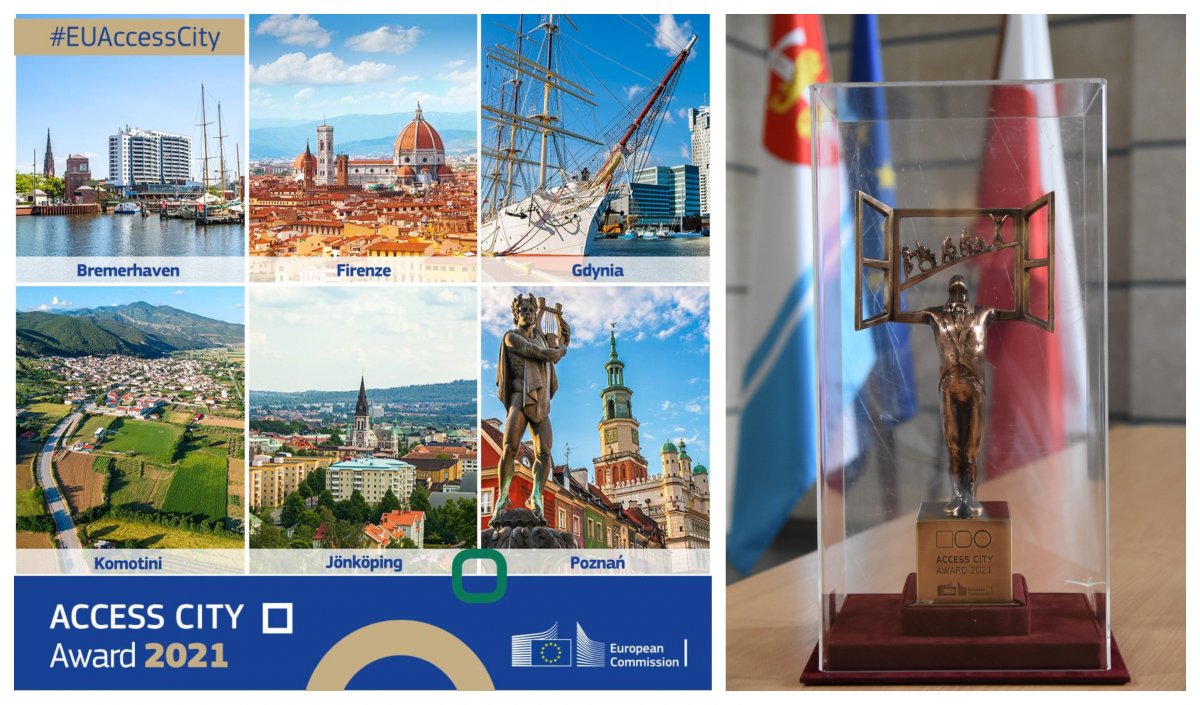 Kolaż zdjęć: miasta finaliści konkursu Access City Award: Bremerhaven (Niemcy), Florencja (Włochy), Gdynia, Komotini (Grecja), J&ouml;nk&ouml;ping (Szwecja), Poznań; statuetka III nagroda dla Gdyni, fot. Magda Śliżewska